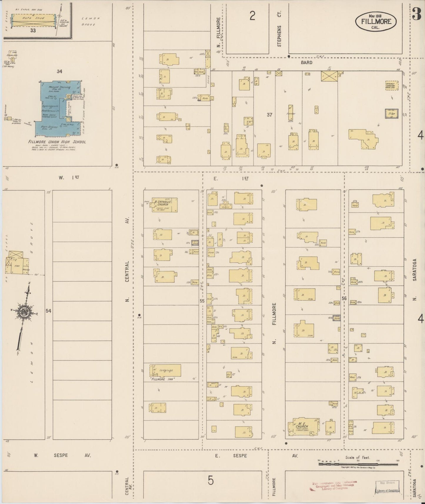Sanborn Fire Insurance Map from Fillmore, Ventura County, California (1918), Sheet #0003 - Historic Sanborn Fire Insurance Map Print, vintage old map wall art, antique decor, genealogy gift, California California map