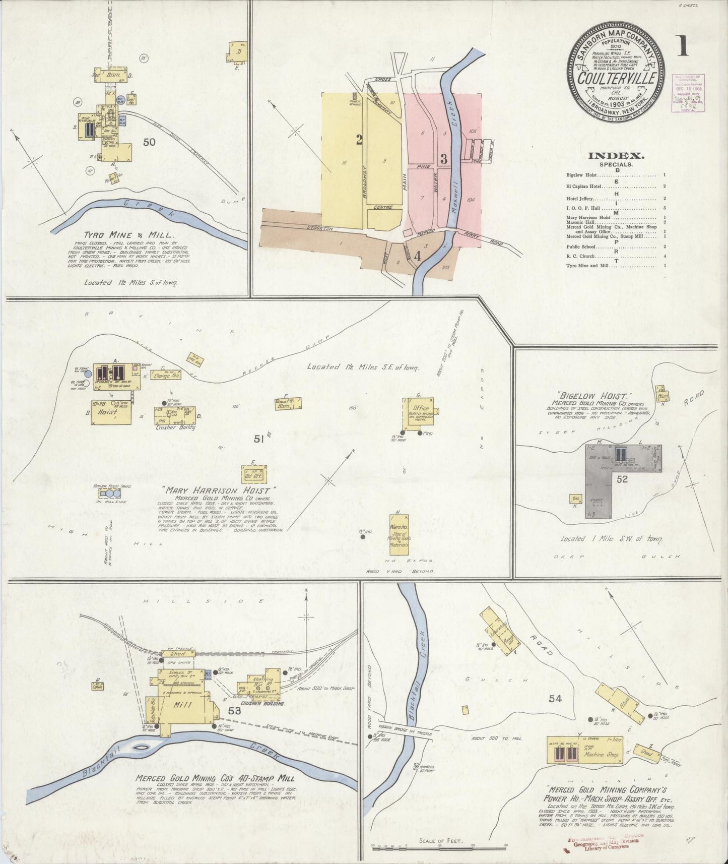 Sanborn Fire Insurance Map from Coulterville, Mariposa County, California (1903), Sheet #0001 - Historic Sanborn Fire Insurance Map Print, vintage old map wall art, antique decor, genealogy gift, California California map