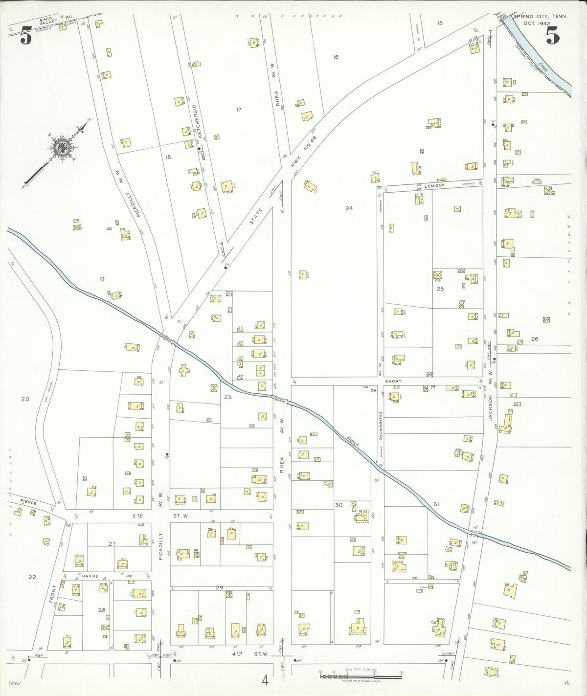 Sanborn Fire Insurance Map from Spring City, Rhea County, Tennessee (1942), Sheet #0005 - Complete Map Set gallery image, historic Sanborn map, vintage wall art, Tennessee Tennessee