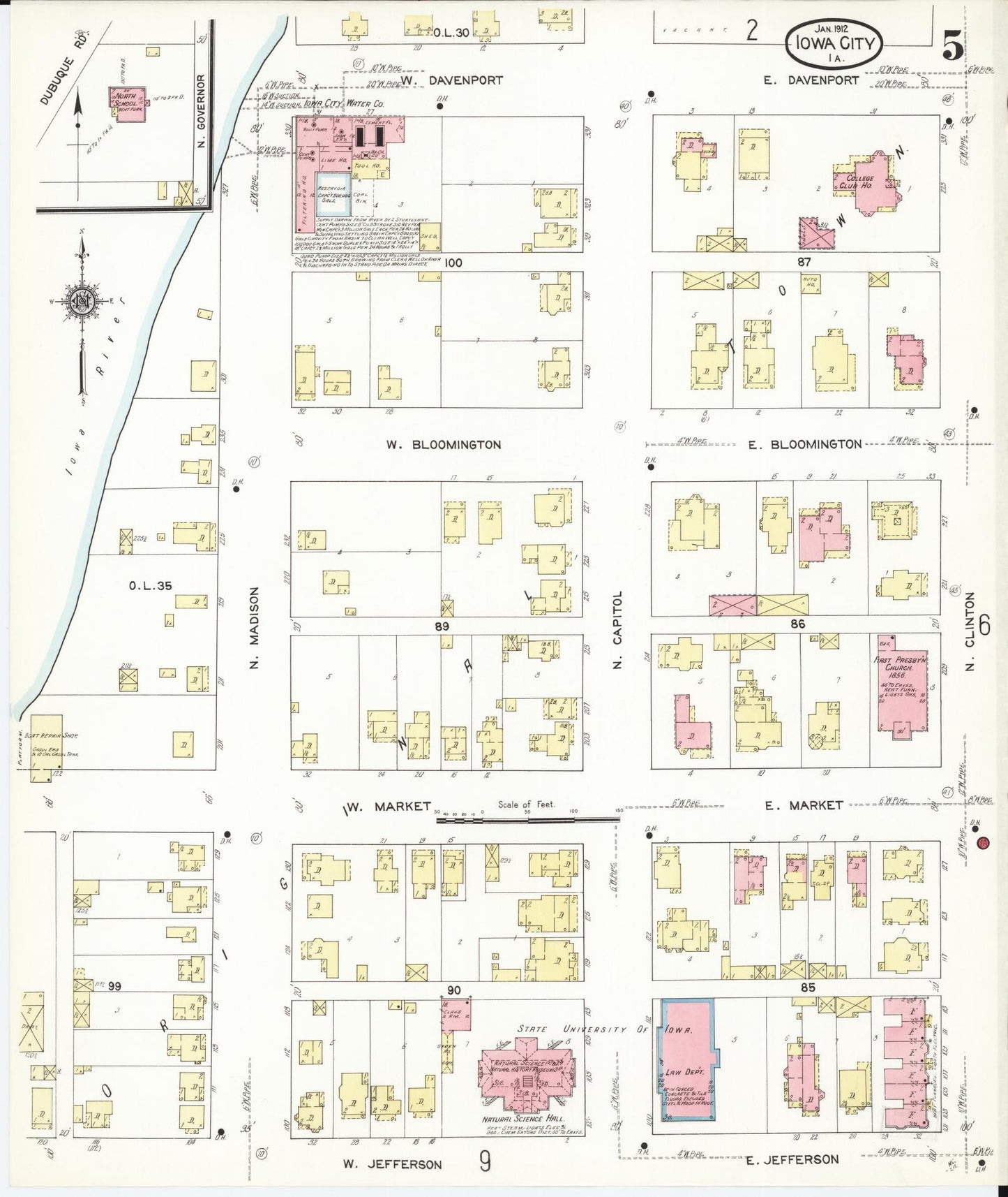 Sanborn Fire Insurance Map from Iowa City, Johnson County, Iowa (1912), Sheet #0005 - Historic Sanborn Fire Insurance Map Print, vintage old map wall art