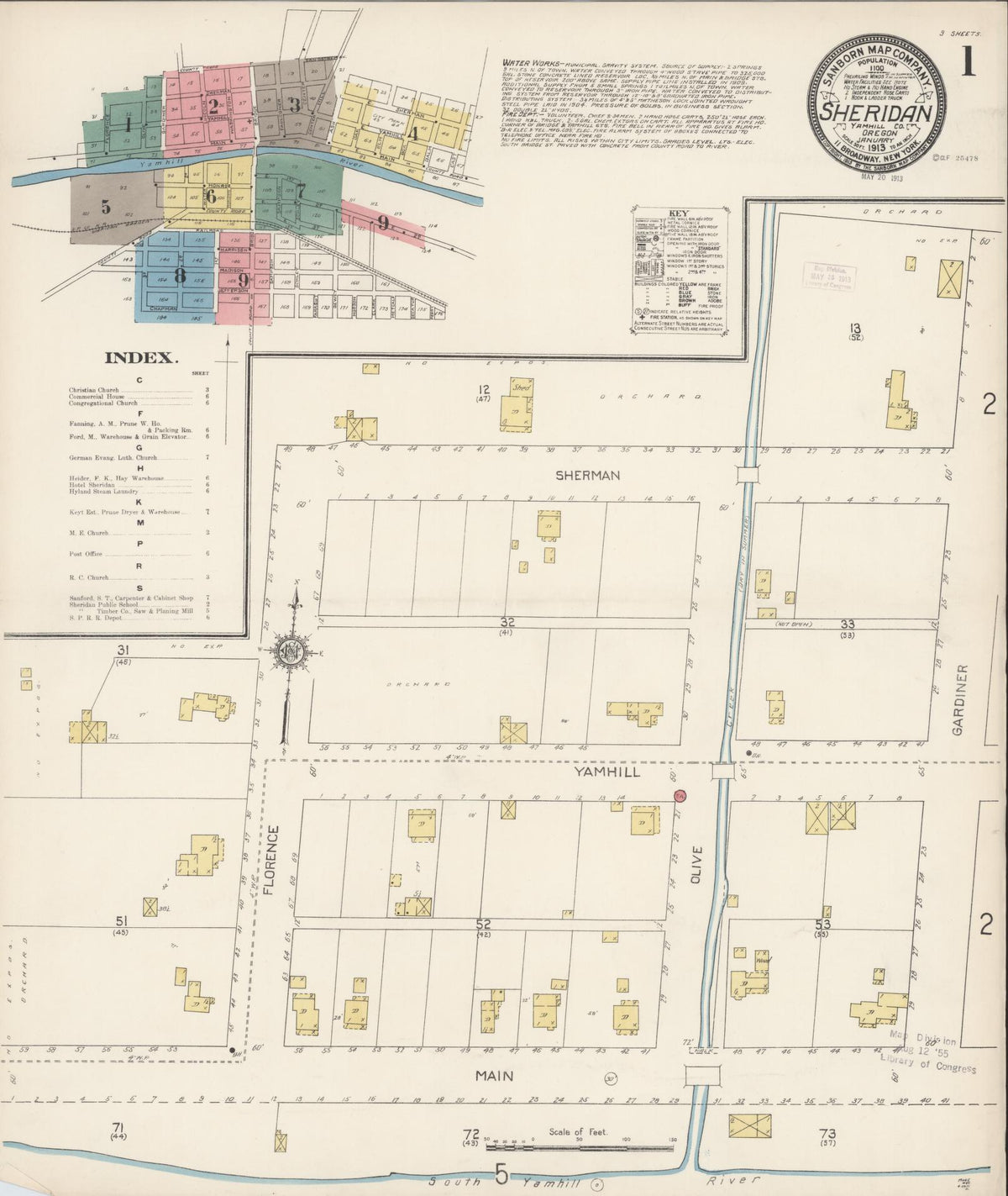 Sanborn Fire Insurance Map from Sheridan, Yamhill County, Oregon (1913), Sheet #0001 - Historic Sanborn Fire Insurance Map Print, vintage old map wall art, antique decor, genealogy gift, Oregon Oregon map