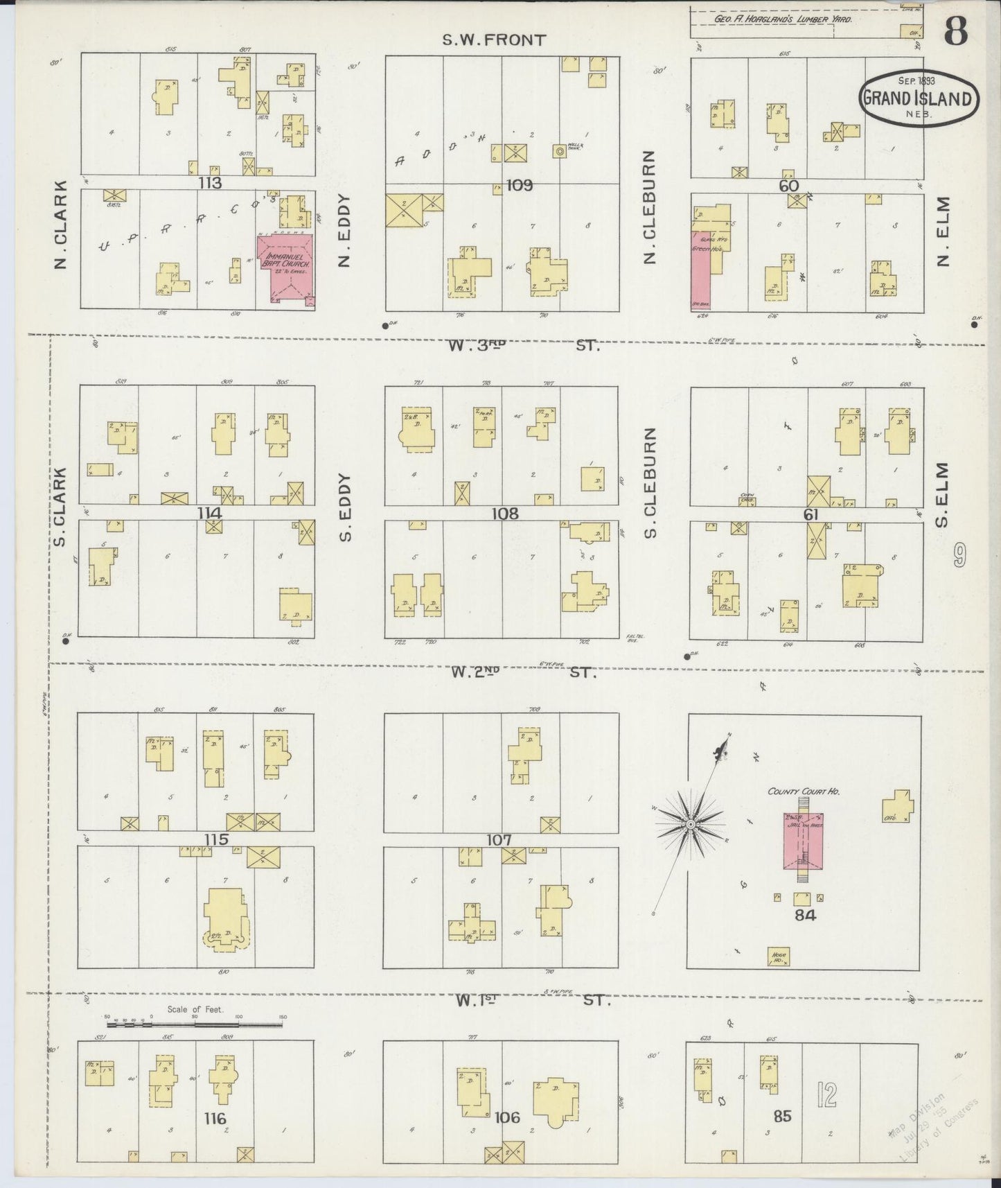 Sanborn Fire Insurance Map from Grand Island, Hall County, Nebraska (1893), Sheet #0008 - Historic Sanborn Fire Insurance Map Print, vintage old map wall art, antique decor, genealogy gift, Nebraska Nebraska map