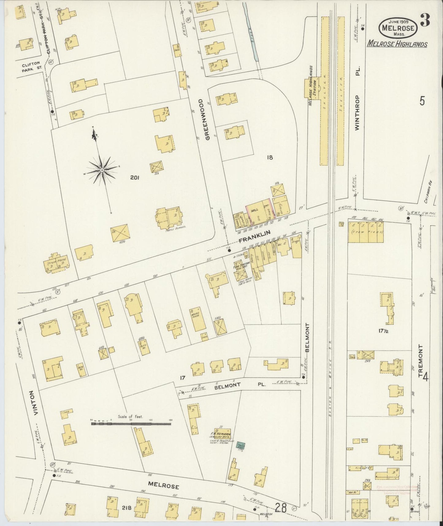 Sanborn Fire Insurance Map from Melrose, Middlesex County, Massachusetts (1909), Sheet #0003 - Historic Sanborn Fire Insurance Map Print, vintage old map wall art, antique decor, genealogy gift, Massachusetts Massachusetts map