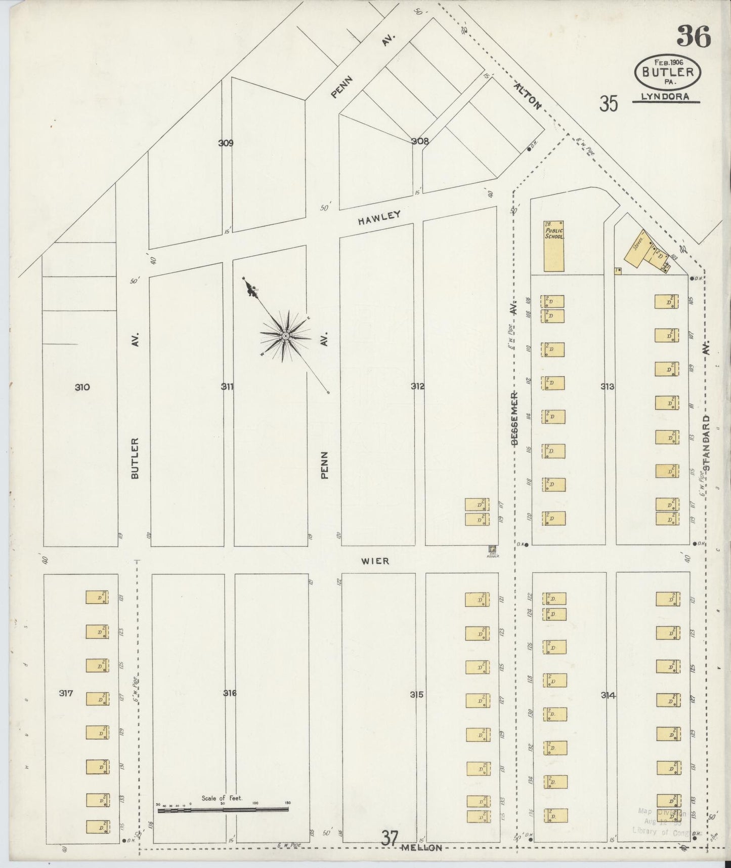 Sanborn Fire Insurance Map from Butler, Butler County, Pennsylvania (1906), Sheet #0036 - Historic Sanborn Fire Insurance Map Print, vintage old map wall art, antique decor, genealogy gift, Pennsylvania Pennsylvania map