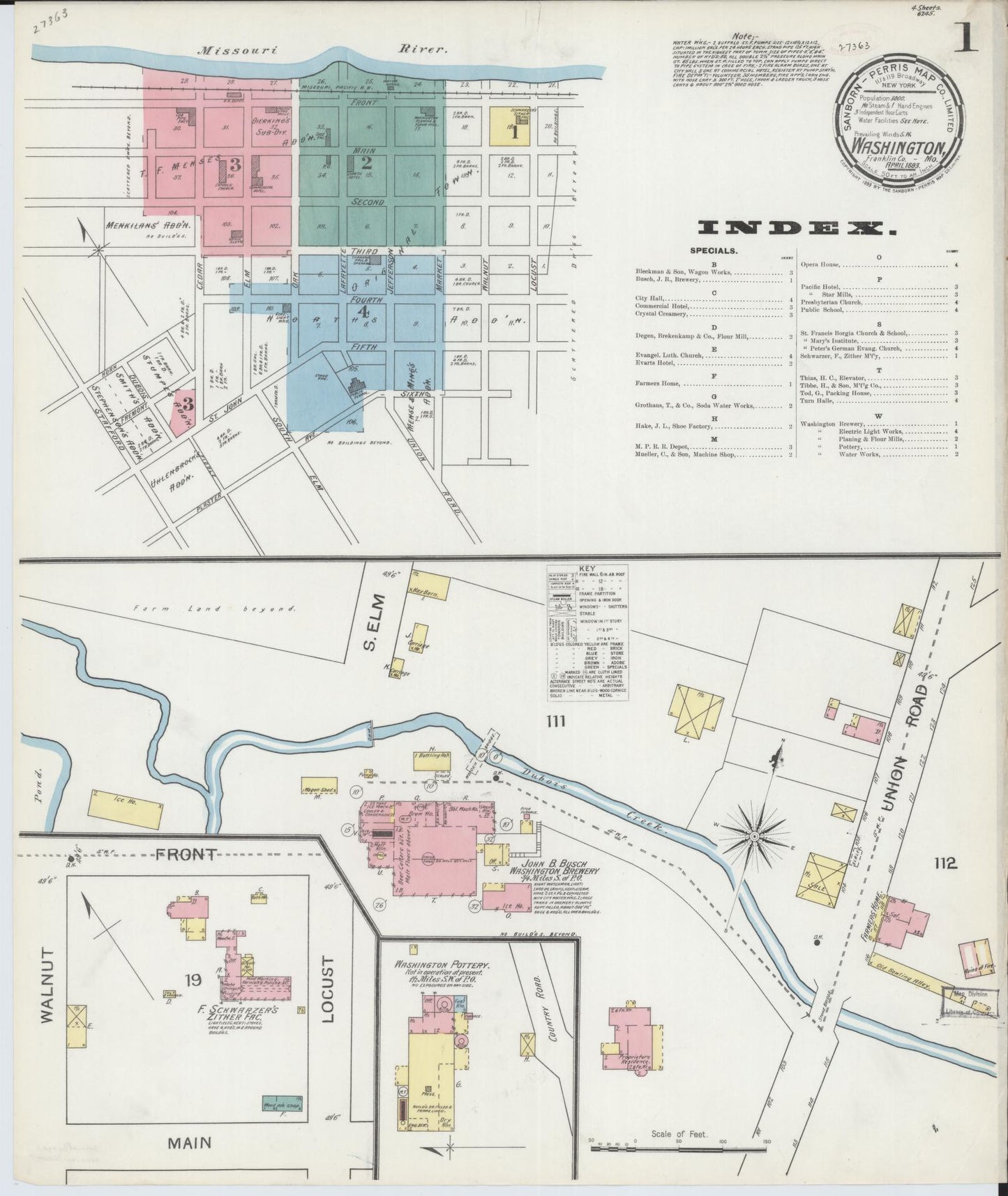 Sanborn Fire Insurance Map from Washington, Franklin County, Missouri (1893), Sheet #0001 - Historic Sanborn Fire Insurance Map Print, vintage old map wall art, antique decor, genealogy gift, Washington Washington map