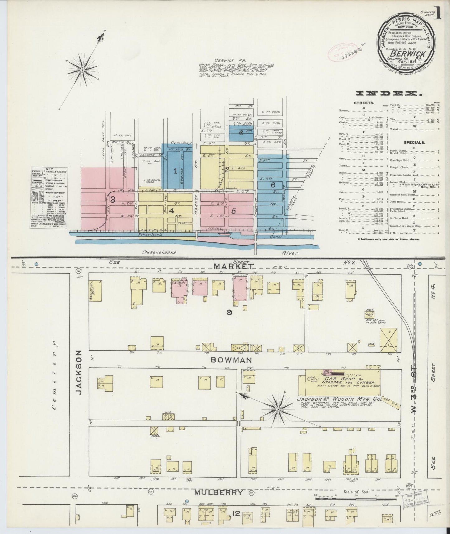Sanborn Fire Insurance Map from Berwick, Columbia County, Pennsylvania (1891), Sheet #0001 - Historic Sanborn Fire Insurance Map Print, vintage old map wall art, antique decor, genealogy gift, Pennsylvania Pennsylvania map