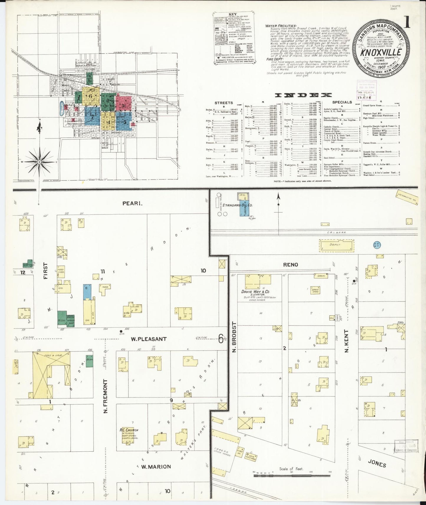 Sanborn Fire Insurance Map from Knoxville, Marion County, Iowa (1907), Sheet #0001 - Historic Sanborn Fire Insurance Map Print, vintage old map wall art