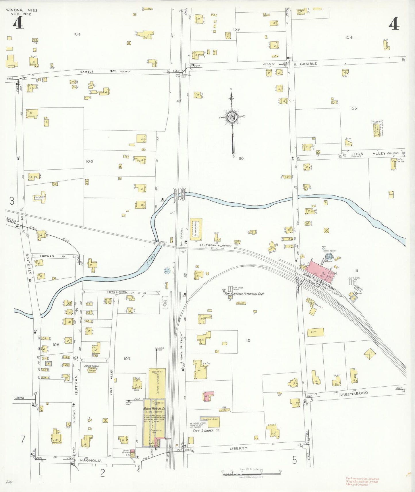 Sanborn Fire Insurance Map from Winona, Montgomery County, Mississippi (1932), Sheet #0004 - Historic Sanborn Fire Insurance Map Print, vintage old map wall art, antique decor, genealogy gift, Mississippi Mississippi map