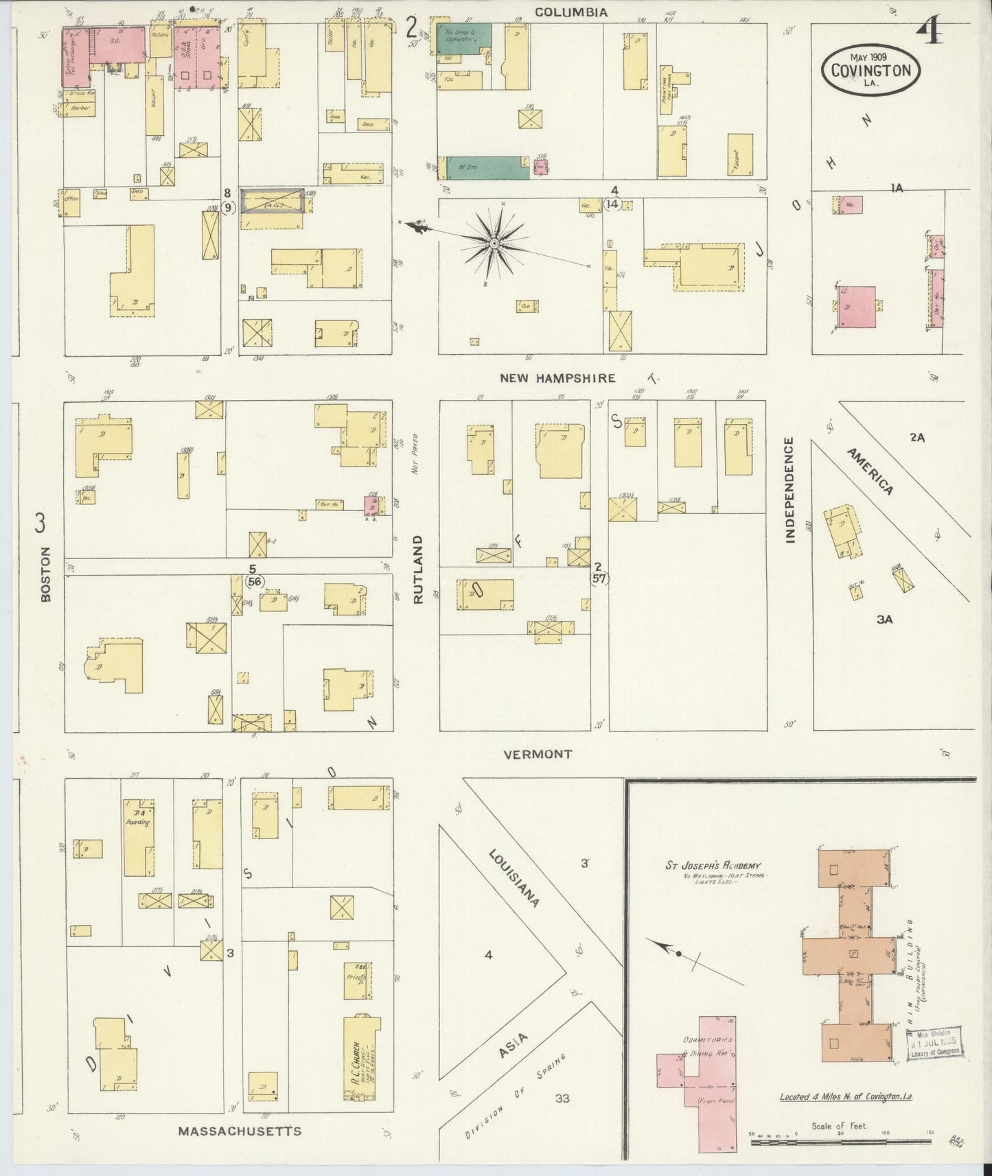 Sanborn Fire Insurance Map from Covington, Saint Tammany Parish, Louisiana (1909), Sheet #0004 - Historic Sanborn Fire Insurance Map Print, vintage old map wall art, antique decor, genealogy gift, Louisiana Louisiana map