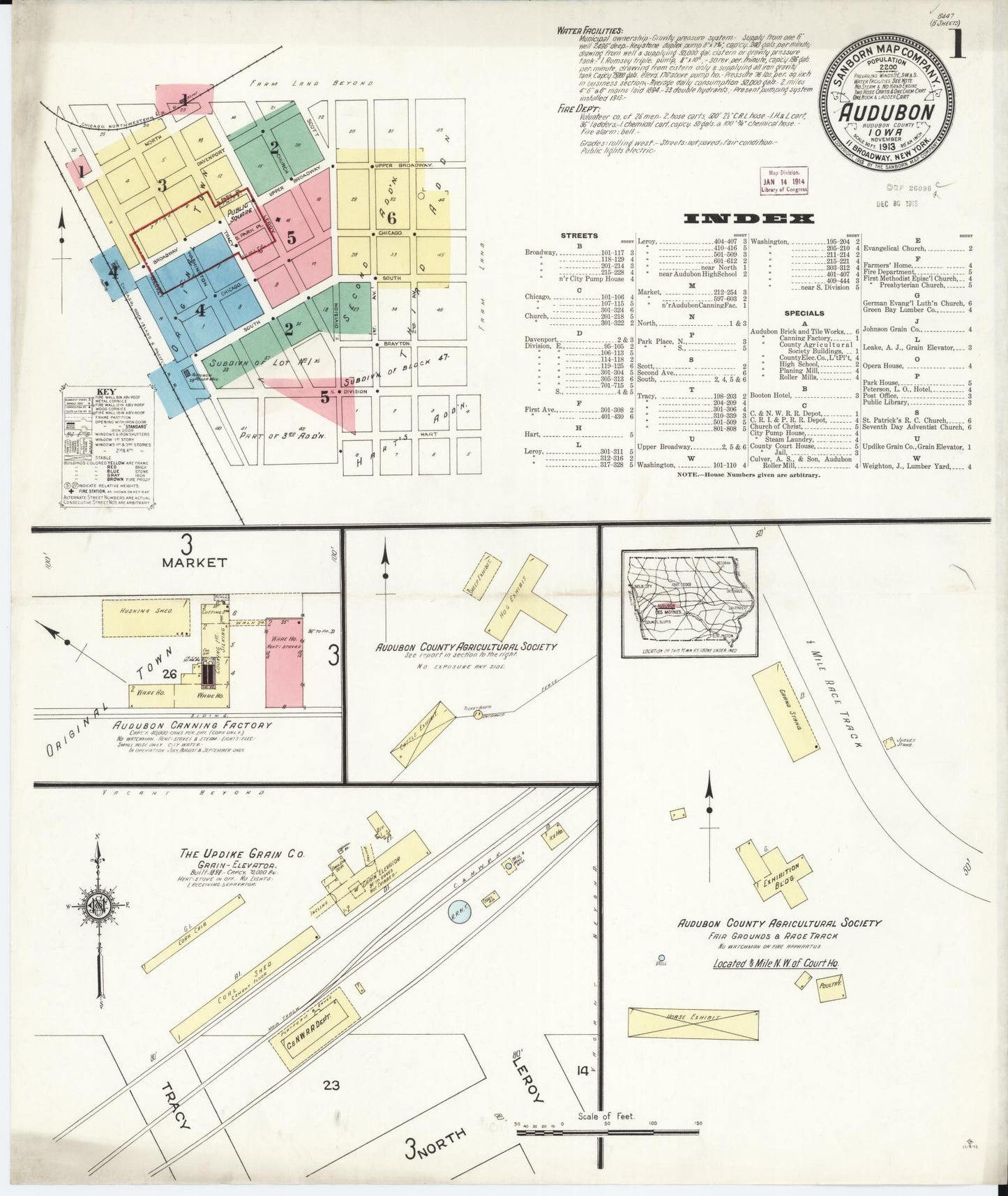 Sanborn Fire Insurance Map from Audubon, Audubon County, Iowa (1913), Sheet #0001 - Historic Sanborn Fire Insurance Map Print, vintage old map wall art