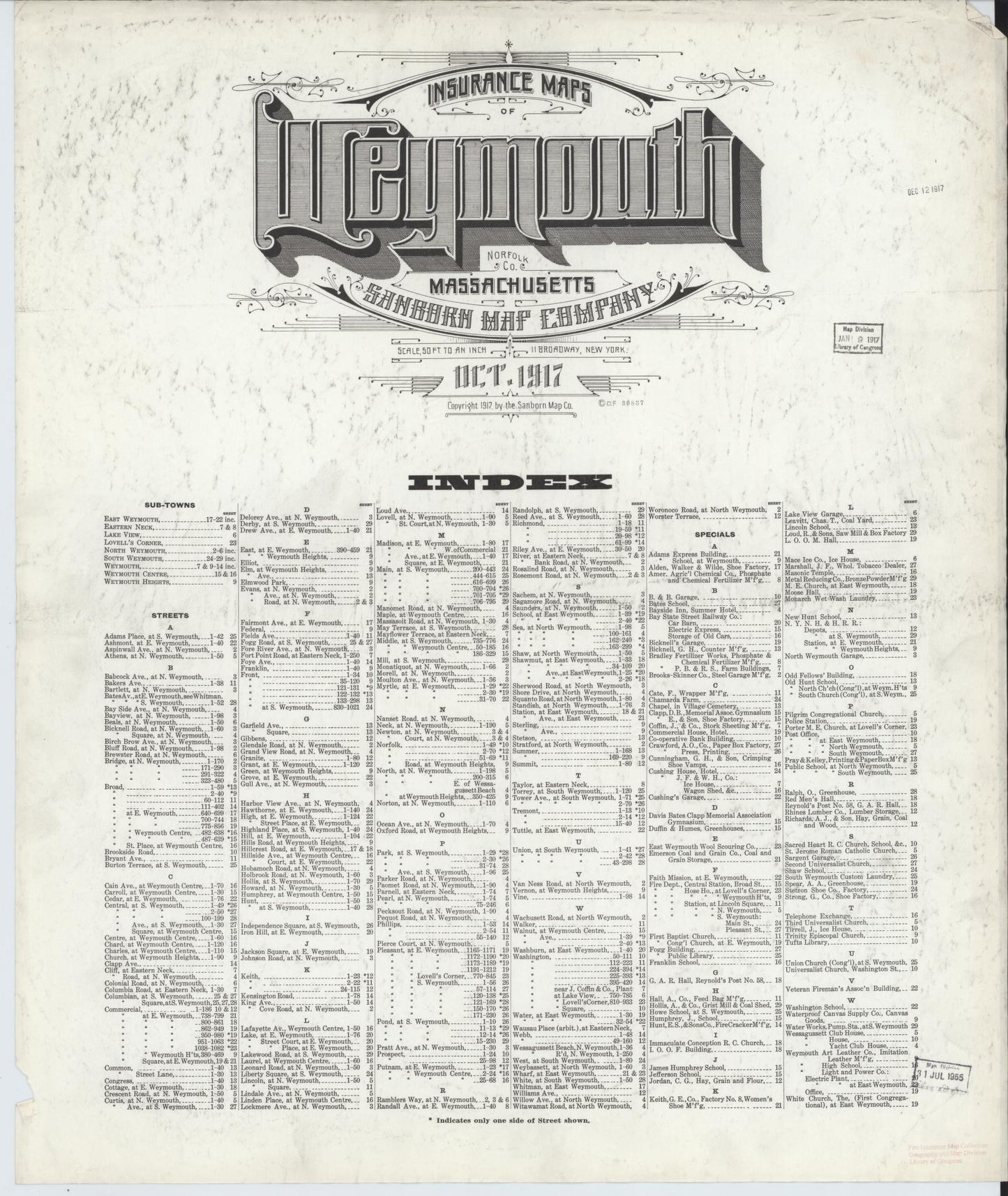 Sanborn Fire Insurance Map from Weymouth, Norfolk County, Massachusetts (1917), Sheet #0001 - Historic Sanborn Fire Insurance Map Print, vintage old map wall art, antique decor, genealogy gift, Massachusetts Massachusetts map