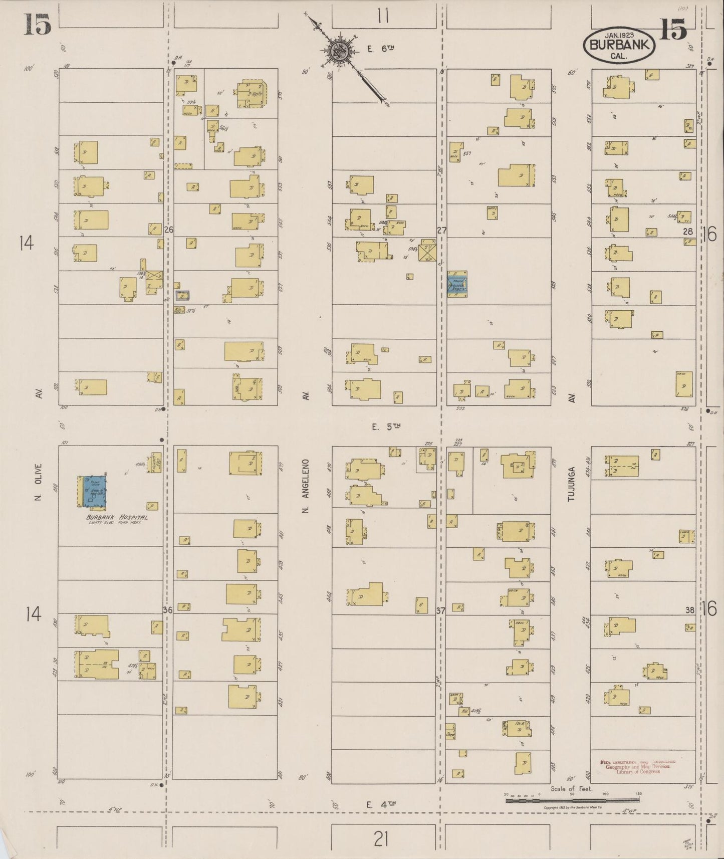 Sanborn Fire Insurance Map from Burbank, Los Angeles County, California (1923), Sheet #0015 - Historic Sanborn Fire Insurance Map Print, vintage old map wall art, antique decor, genealogy gift, California California map