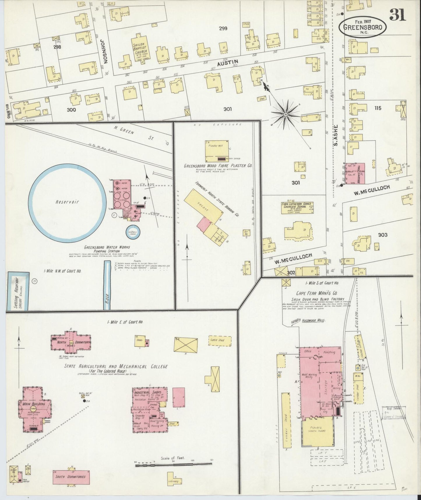 Sanborn Fire Insurance Map from Greensboro, Guilford County, North Carolina (1907), Sheet #0031 - Historic Sanborn Fire Insurance Map Print, vintage old map wall art, antique decor, genealogy gift, North Carolina North Carolina map