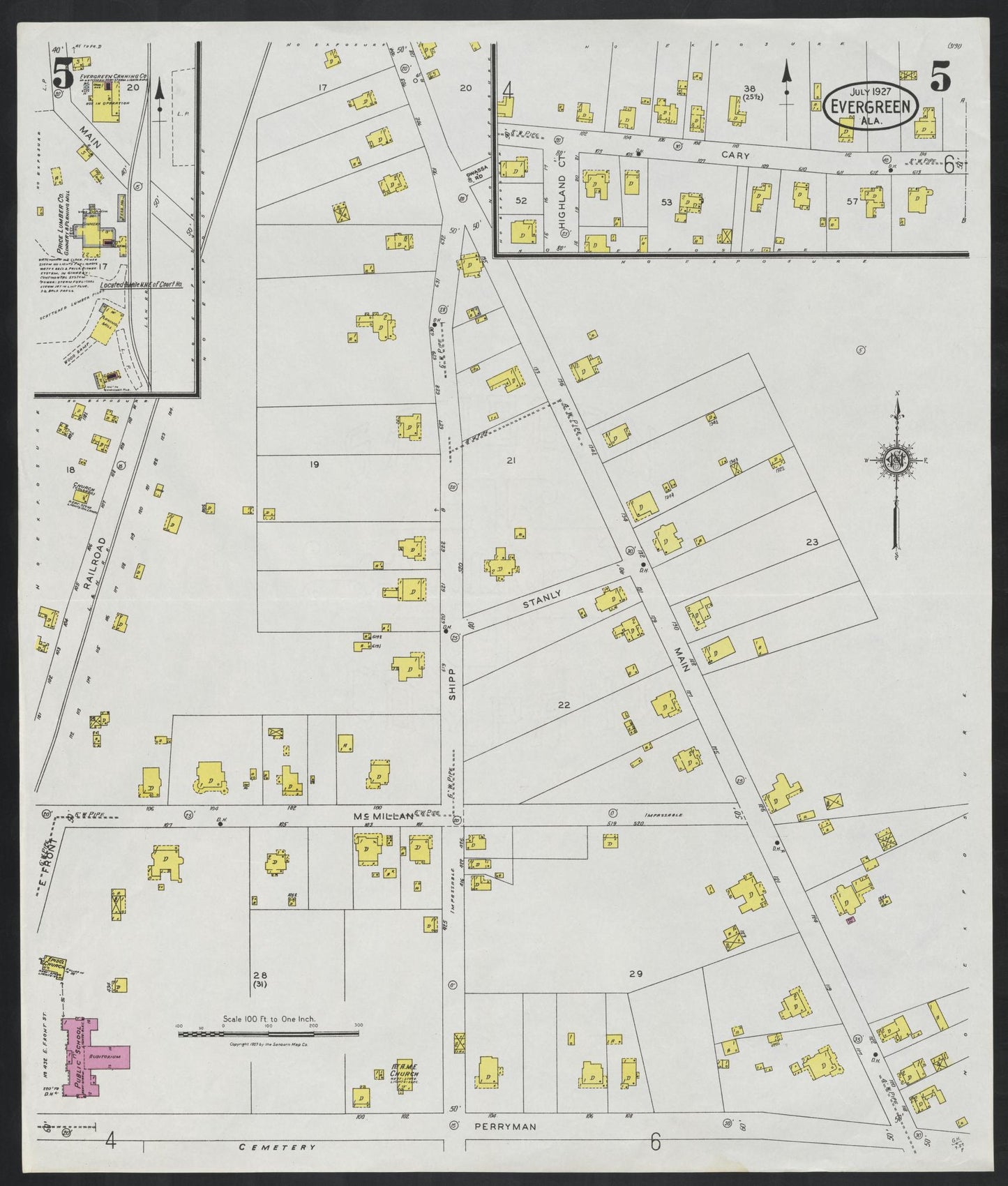Sanborn Fire Insurance Map from Evergreen, Conecuh County, Alabama (1927), Sheet #0005 - Historic Sanborn Fire Insurance Map Print, vintage old map wall art, antique decor, genealogy gift, Alabama Alabama map