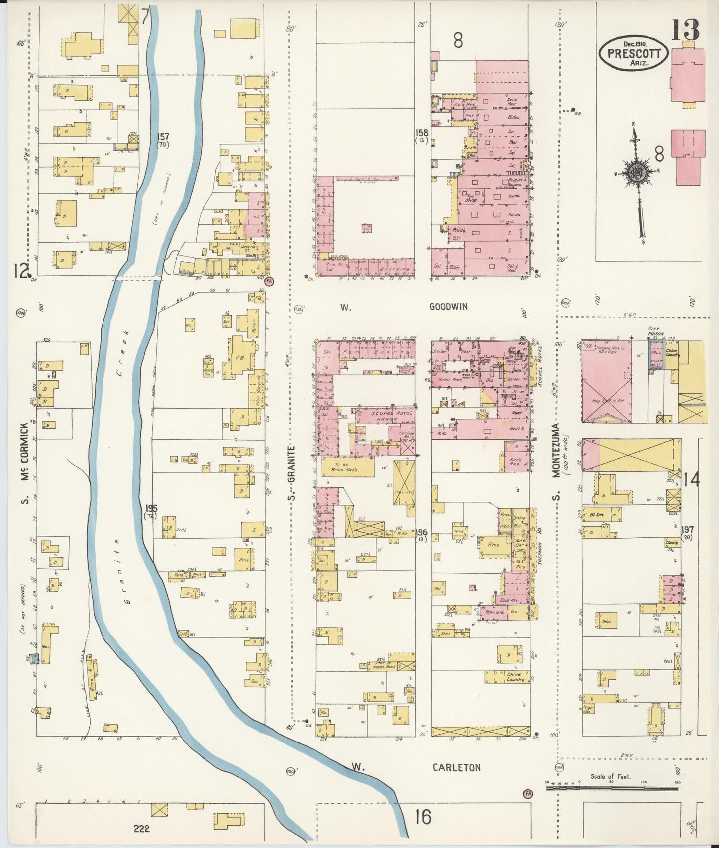 Sanborn Fire Insurance Map from Prescott, Yavapai County, Arizona (1910), Sheet #0013 - Historic Sanborn Fire Insurance Map Print, vintage old map wall art, antique decor, genealogy gift, Arizona Arizona map
