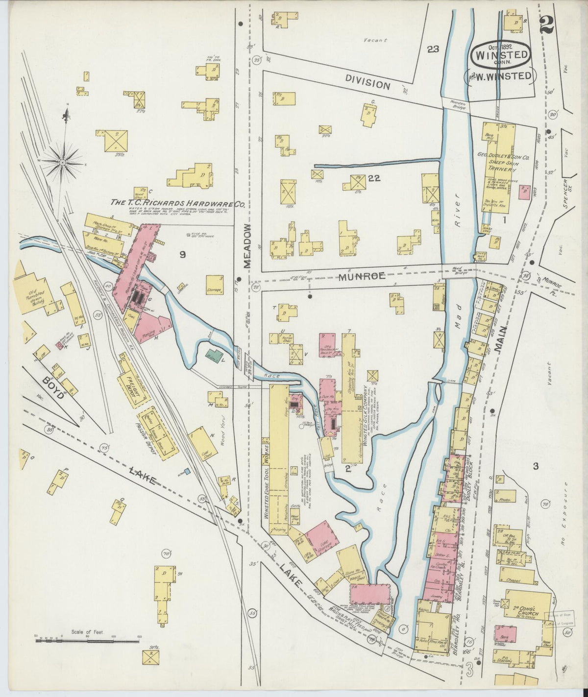 Sanborn Fire Insurance Map from Winsted, Litchfield County, Connecticut (1892), Sheet #0002 - Historic Sanborn Fire Insurance Map Print, vintage old map wall art, antique decor, genealogy gift, Connecticut Connecticut map