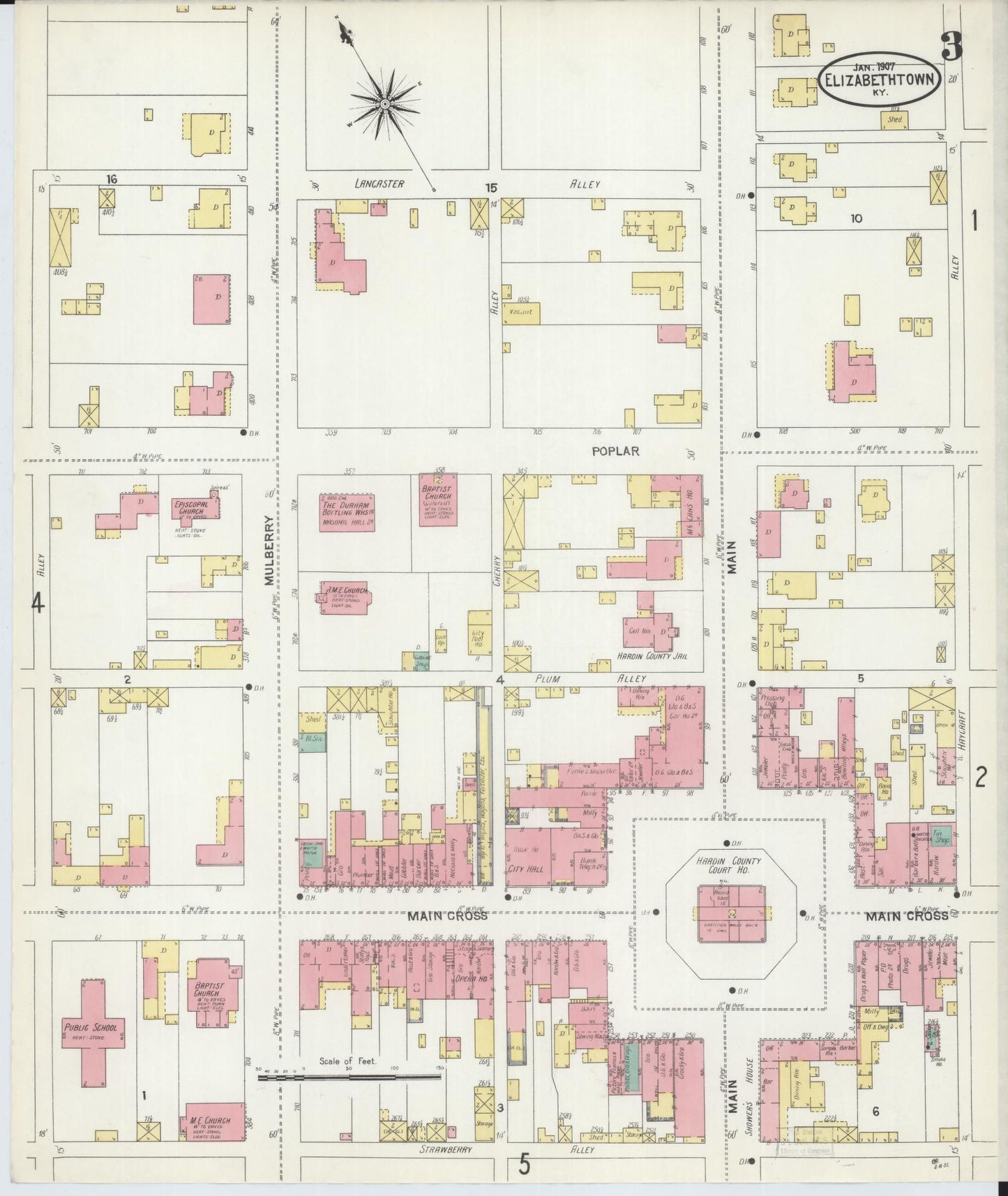 Sanborn Fire Insurance Map from Elizabethtown, Hardin County, Kentucky (1907), Sheet #0003 - Historic Sanborn Fire Insurance Map Print, vintage old map wall art, antique decor, genealogy gift, Kentucky Kentucky map