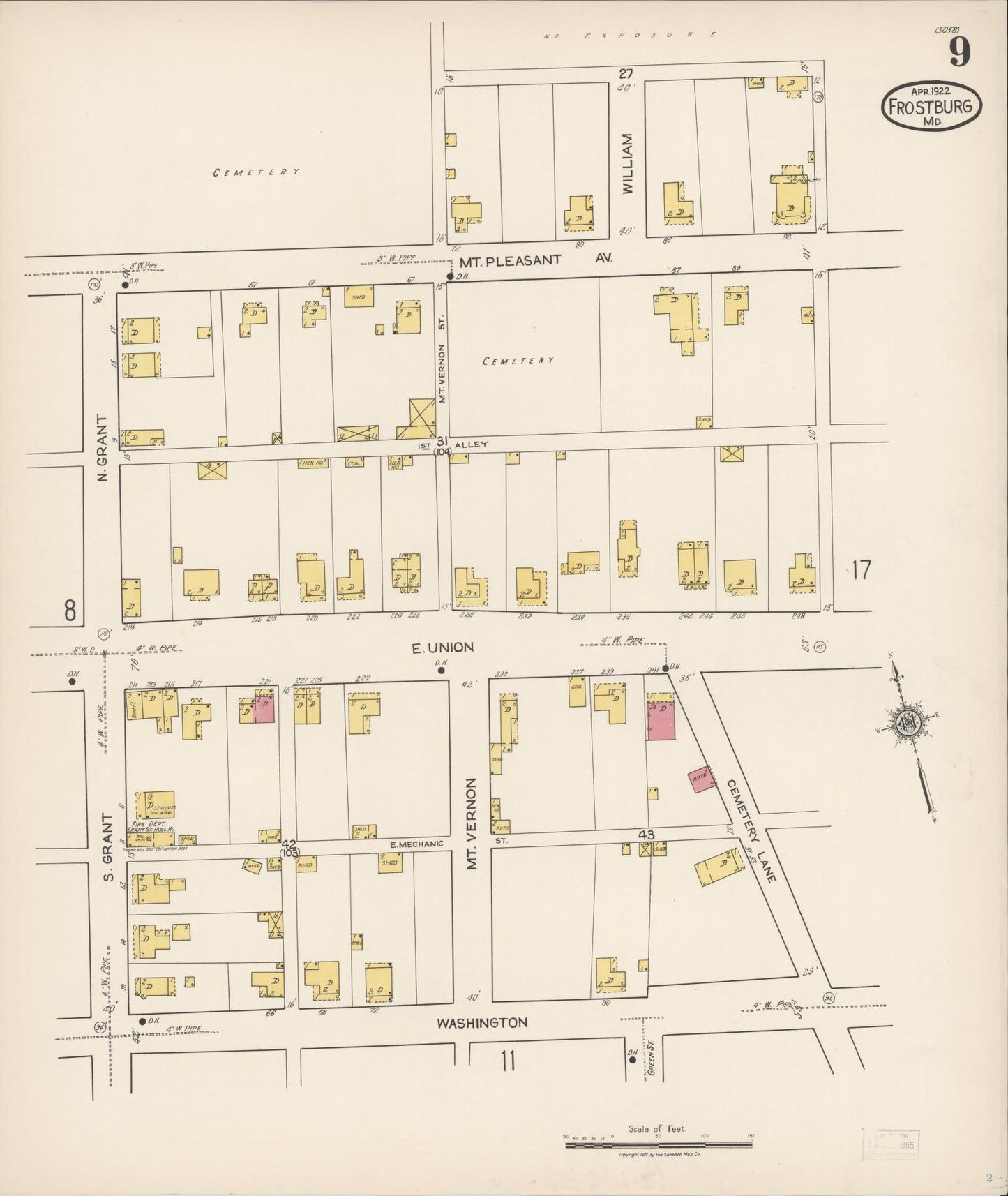 Sanborn Fire Insurance Map from Frostburg, Allegany County, Maryland (1922), Sheet #0009 - Historic Sanborn Fire Insurance Map Print, vintage old map wall art