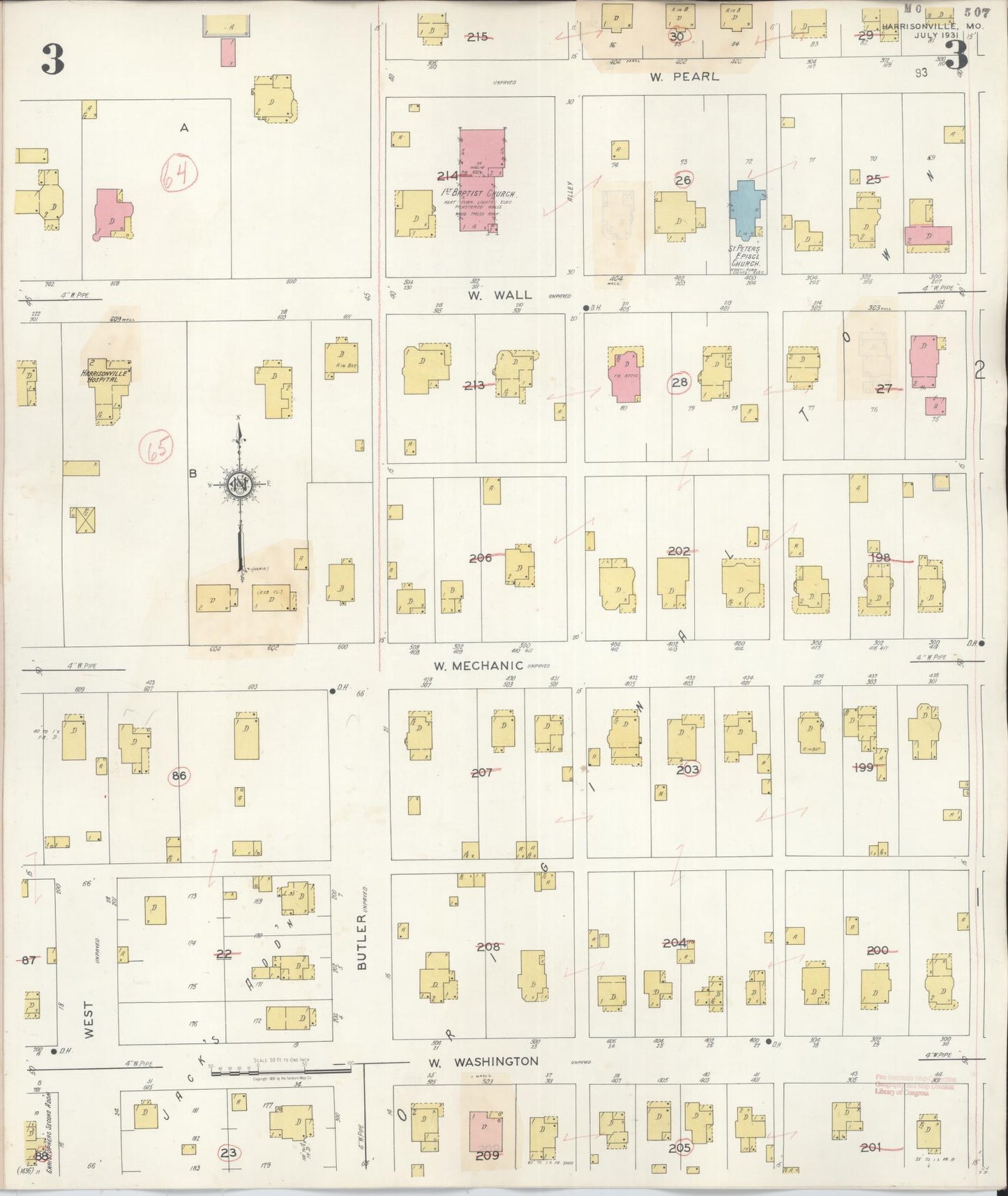 Sanborn Fire Insurance Map from Harrisonville, Cass County, Missouri (1939), Sheet #0003 - Historic Sanborn Fire Insurance Map Print, vintage old map wall art, antique decor, genealogy gift, Missouri Missouri map