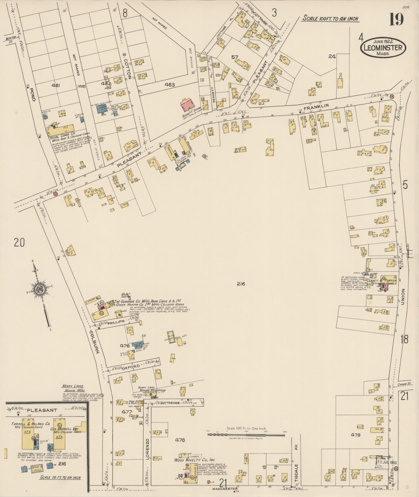 Sanborn Fire Insurance Map from Leominster, Worcester County, Massachusetts (1922), Sheet #0019 - Historic Sanborn Fire Insurance Map Print, vintage old map wall art, antique decor, genealogy gift, Massachusetts Massachusetts map