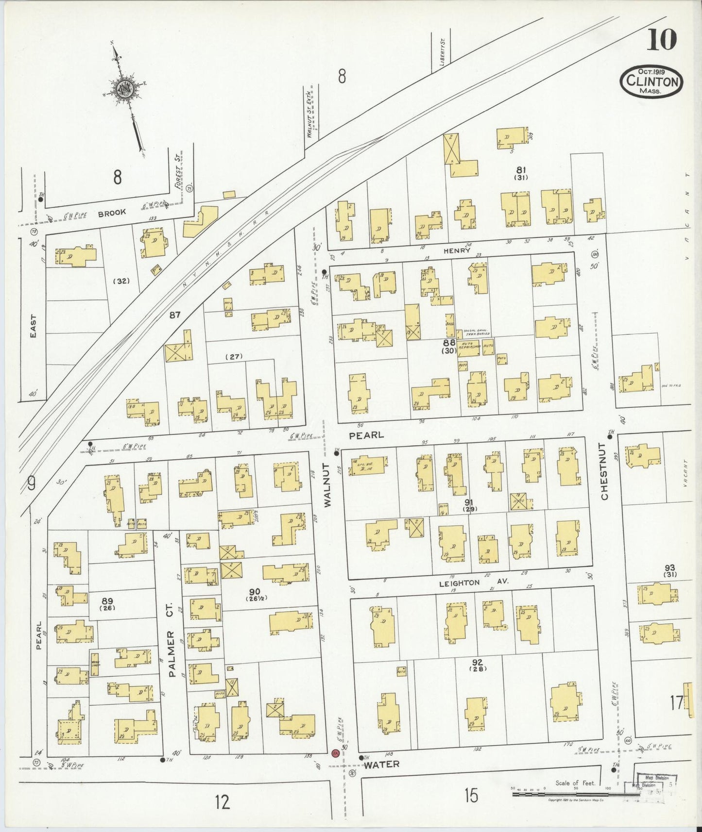 Sanborn Fire Insurance Map from Clinton, Worcester County, Massachusetts (1919), Sheet #0010 - Historic Sanborn Fire Insurance Map Print, vintage old map wall art, antique decor, genealogy gift, Massachusetts Massachusetts map