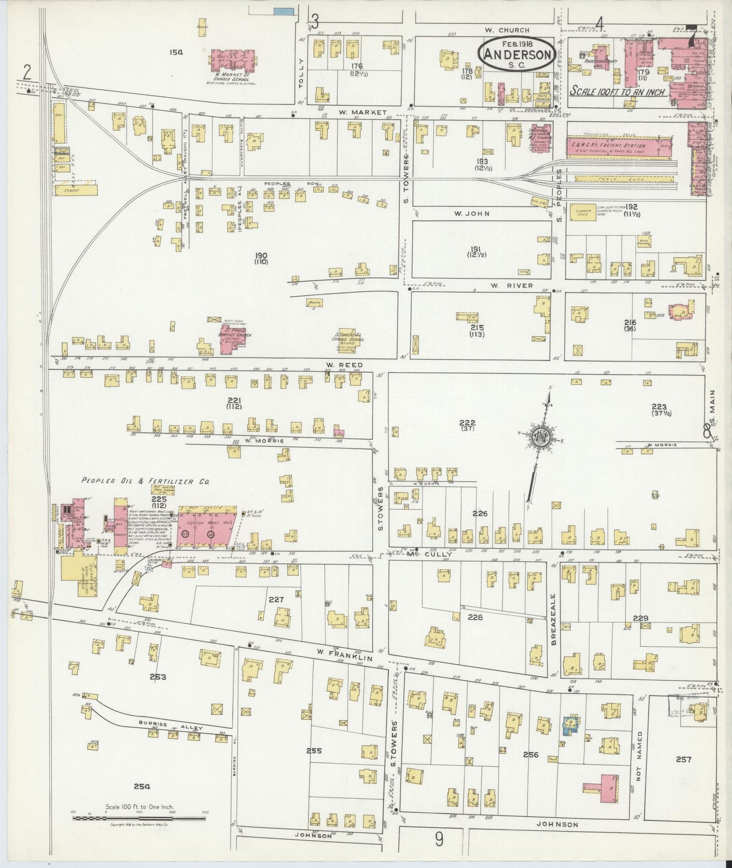 Sanborn Fire Insurance Map from Anderson, Anderson County, South Carolina (1918), Sheet #0007 - Historic Sanborn Fire Insurance Map Print, vintage old map wall art, antique decor, genealogy gift, South Carolina South Carolina map