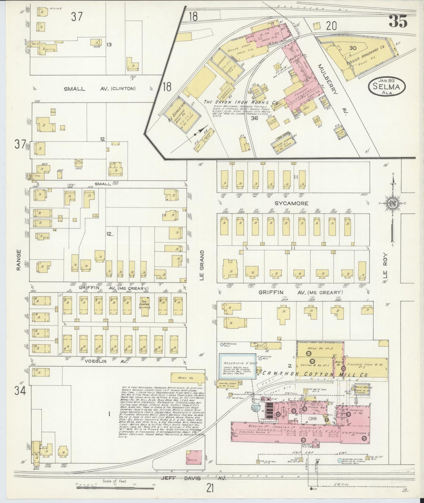 Sanborn Fire Insurance Map from Selma, Dallas County, Alabama (1913), Sheet #0035 - Historic Sanborn Fire Insurance Map Print, vintage old map wall art, antique decor, genealogy gift, Alabama Alabama map