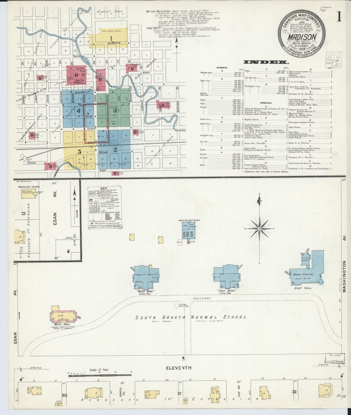 Sanborn Fire Insurance Map from Madison, Lake County, South Dakota (1908), Sheet #0001 - Historic Sanborn Fire Insurance Map Print, vintage old map wall art, antique decor, genealogy gift, South Dakota South Dakota map