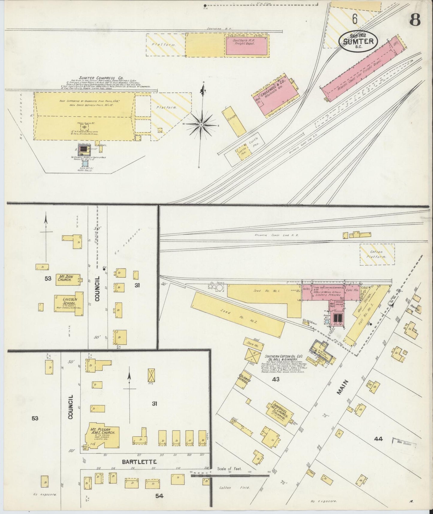 Sanborn Fire Insurance Map from Sumter, Sumter County, South Carolina (1902), Sheet #0008 - Historic Sanborn Fire Insurance Map Print, vintage old map wall art, antique decor, genealogy gift, South Carolina South Carolina map