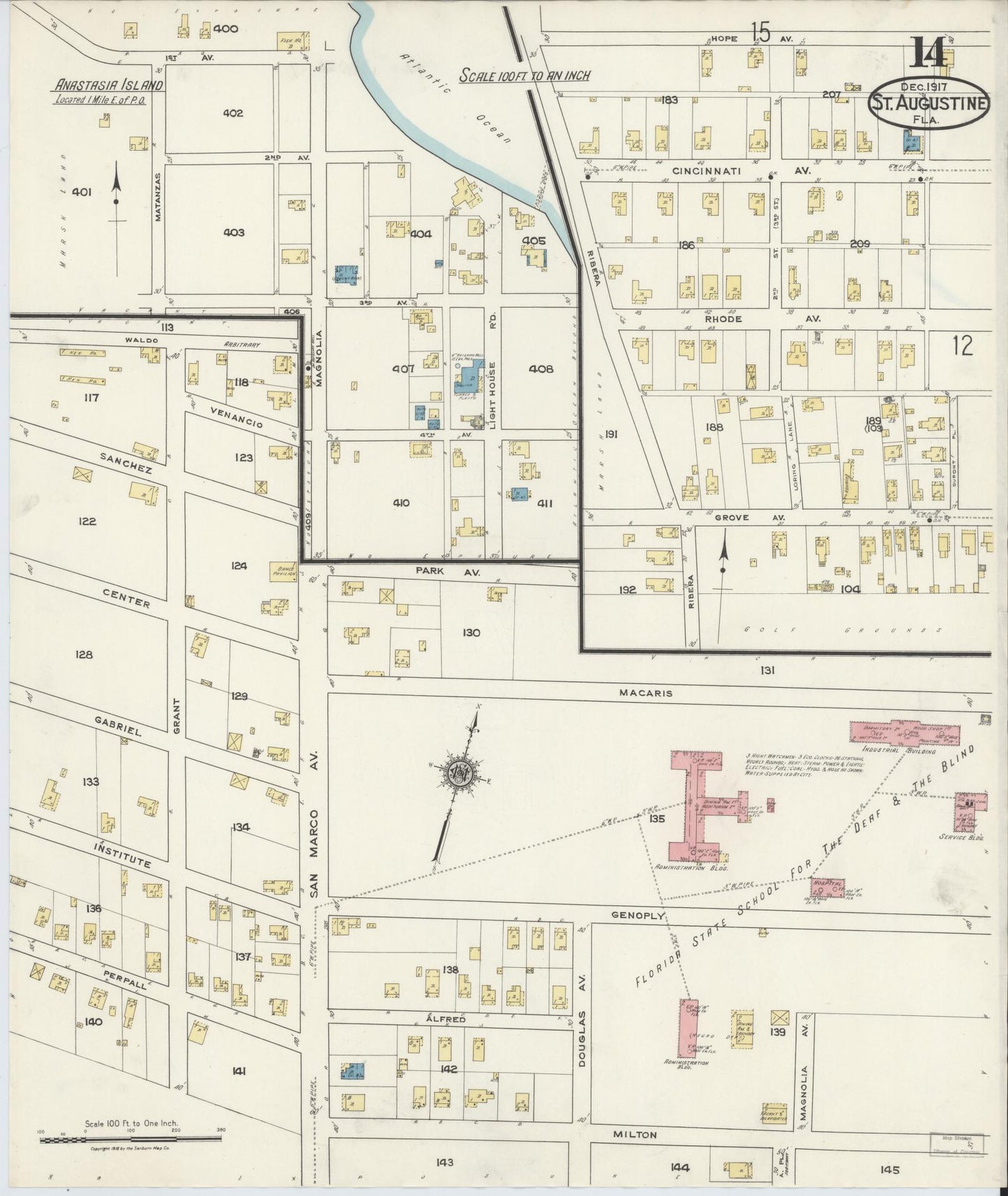Sanborn Fire Insurance Map from Saint Augustine, Saint John's County, Florida (1917), Sheet #0014 - Historic Sanborn Fire Insurance Map Print, vintage old map wall art, antique decor, genealogy gift, Florida Florida map