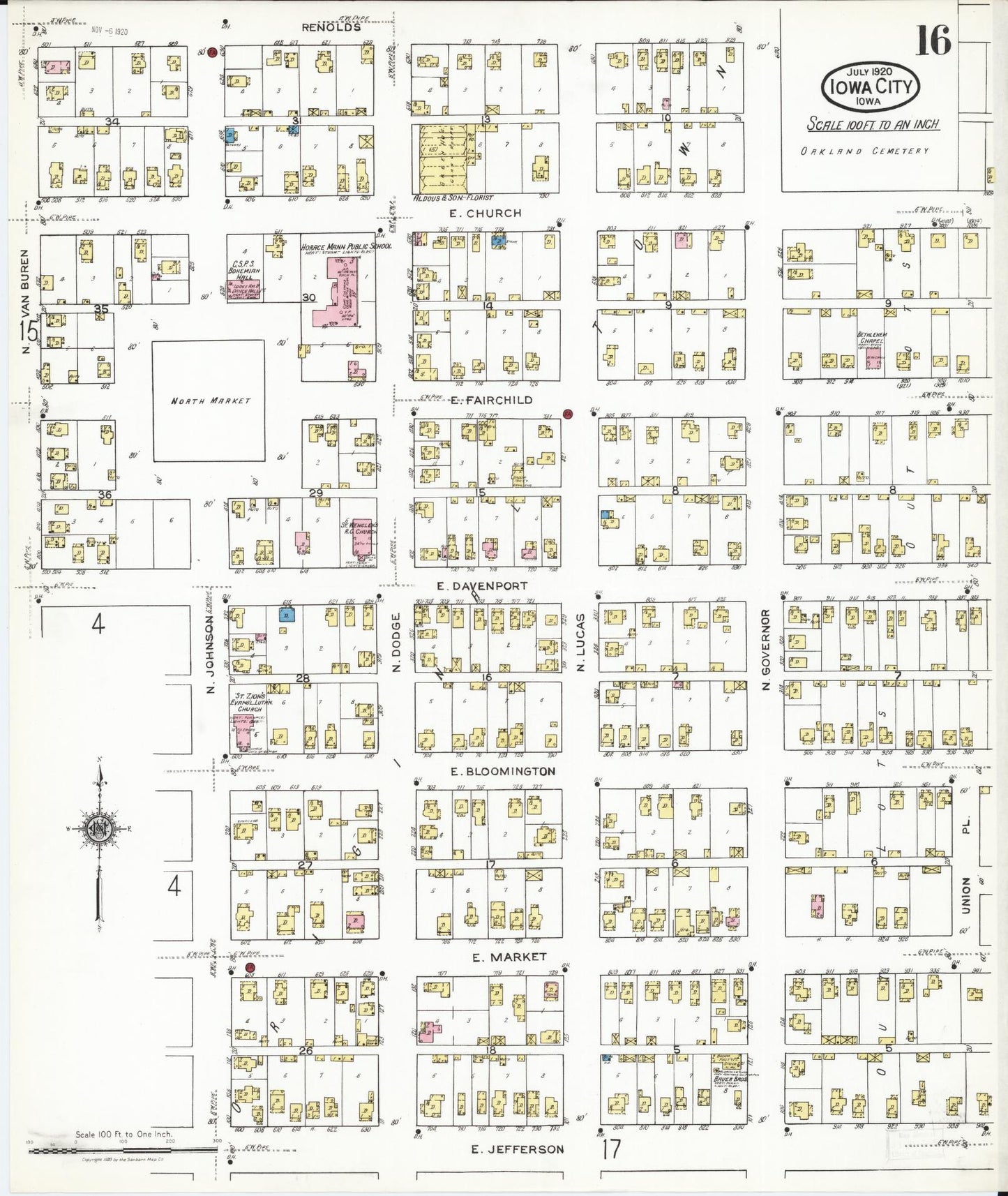 Sanborn Fire Insurance Map from Iowa City, Johnson County, Iowa (1920), Sheet #0016 - Historic Sanborn Fire Insurance Map Print, vintage old map wall art