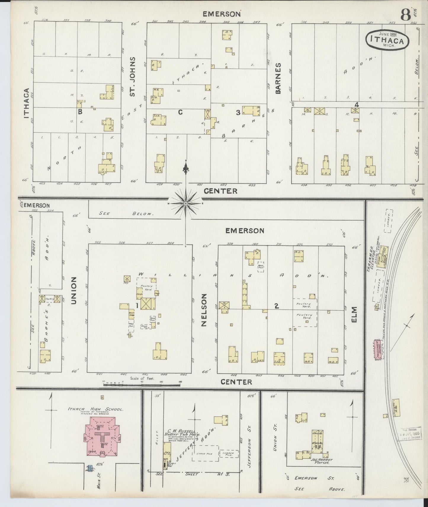 Sanborn Fire Insurance Map from Ithaca, Gratiot County, Michigan (1891), Sheet #0008 - Complete Map Set gallery image, historic Sanborn map, vintage wall art, Michigan Michigan