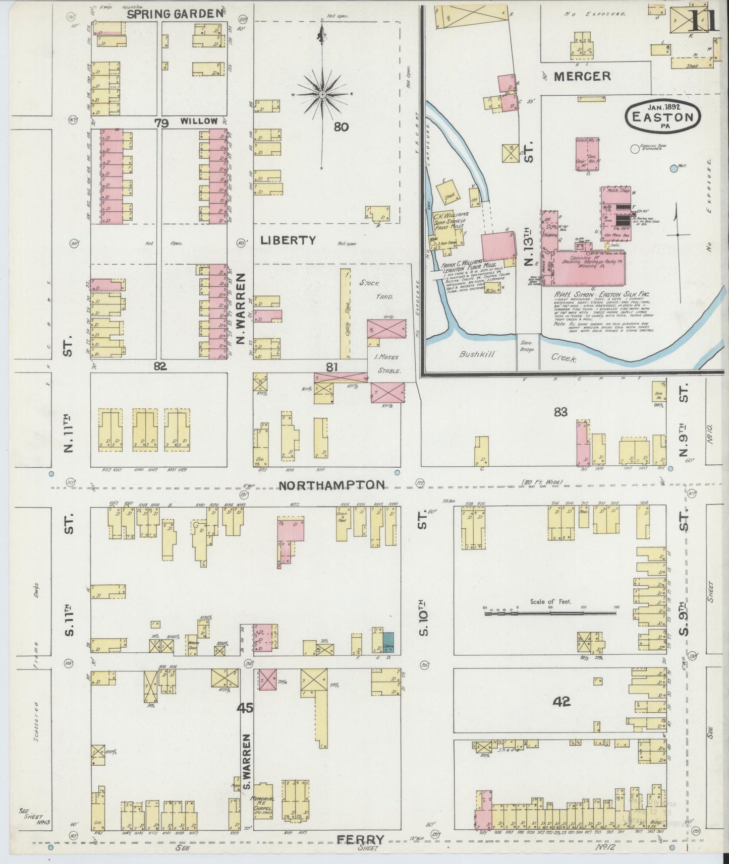 Sanborn Fire Insurance Map from Easton, Northampton County, Pennsylvania (1892), Sheet #0011 - Historic Sanborn Fire Insurance Map Print, vintage old map wall art, antique decor, genealogy gift, Pennsylvania Pennsylvania map