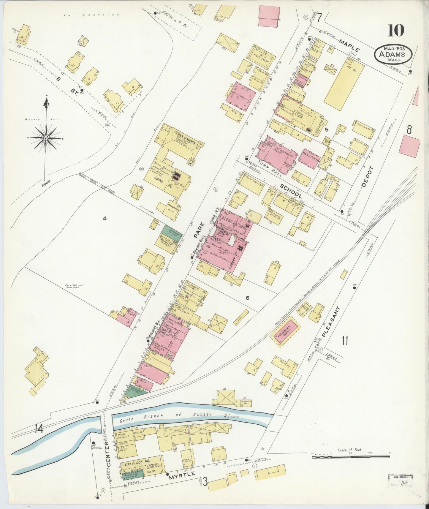 Sanborn Fire Insurance Map from Adams, Berkshire County, Massachusetts (1908), Sheet #0010 - Historic Sanborn Fire Insurance Map Print, vintage old map wall art, antique decor, genealogy gift, Massachusetts Massachusetts map