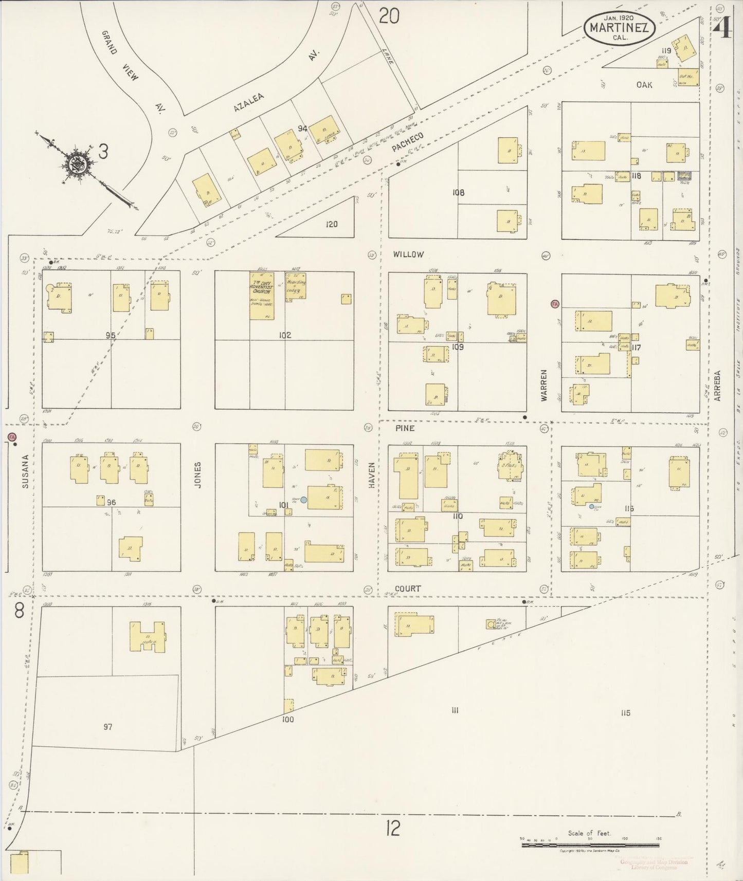 Sanborn Fire Insurance Map from Martinez, Contra Costa County, California (1920), Sheet #0004 - Historic Sanborn Fire Insurance Map Print, vintage old map wall art, antique decor, genealogy gift, California California map