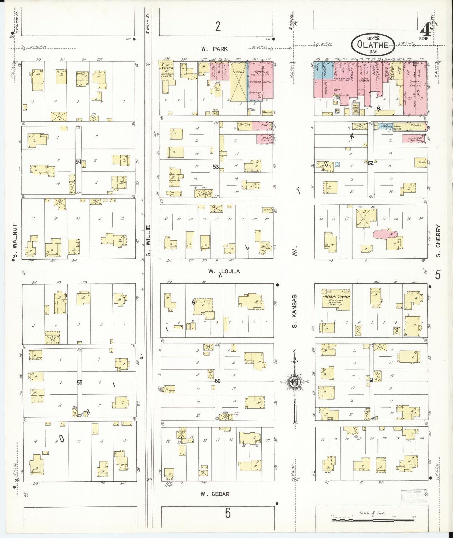 Sanborn Fire Insurance Map from Olathe, Johnson County, Kansas (1912), Sheet #0004 - Historic Sanborn Fire Insurance Map Print, vintage old map wall art, antique decor, genealogy gift, Kansas Kansas map