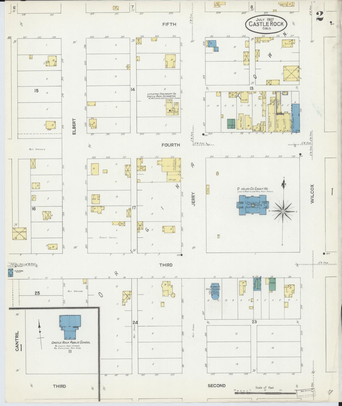 Sanborn Fire Insurance Map from Castle Rock, Douglas County, Colorado (1907), Sheet #0002 - Historic Sanborn Fire Insurance Map Print, vintage old map wall art, antique decor, genealogy gift, Colorado Colorado map