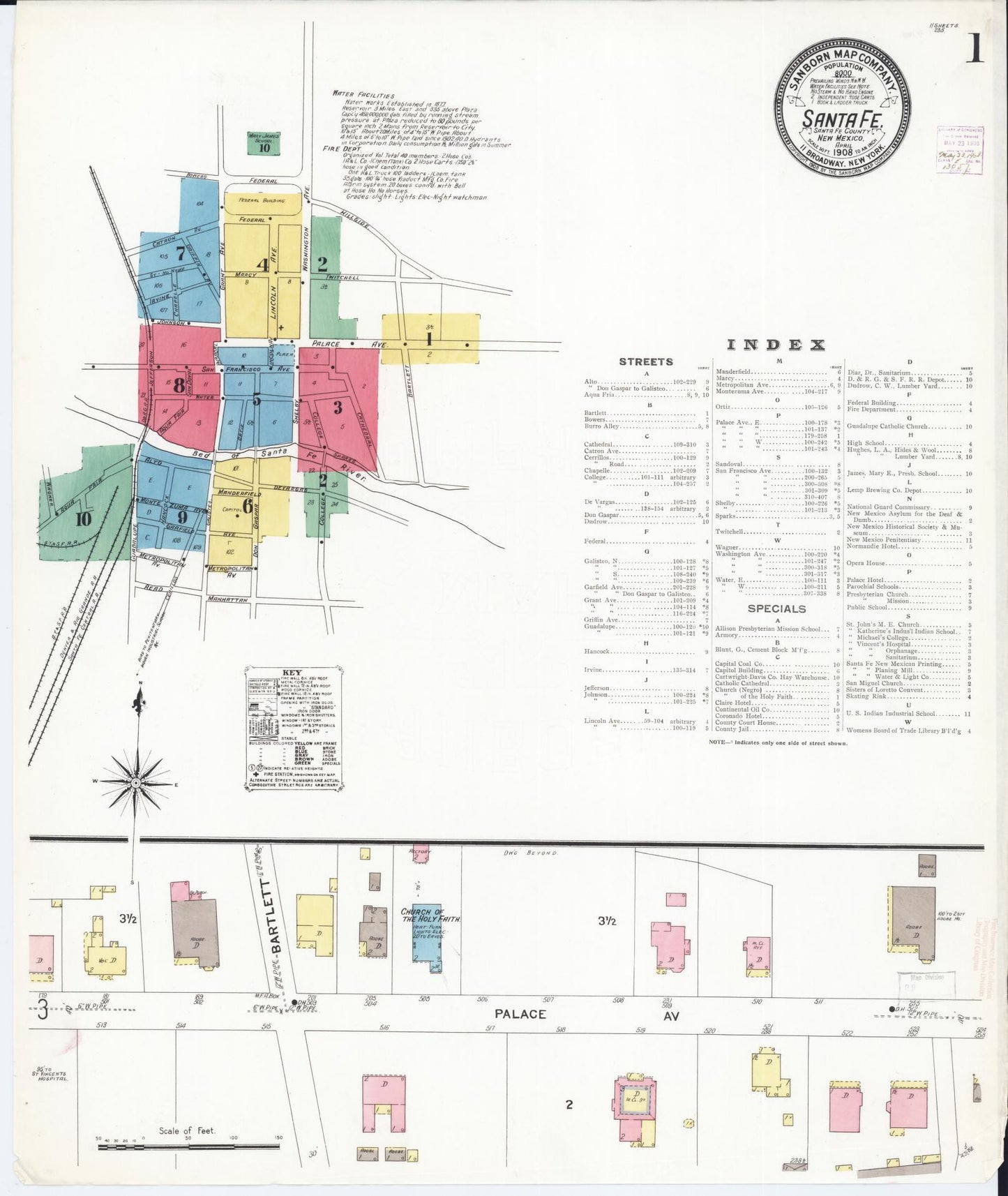 Sanborn Fire Insurance Map from Santa Fe, Santa Fe County, New Mexico (1908), Sheet #0001 - Historic Sanborn Fire Insurance Map Print, vintage old map wall art, antique decor, genealogy gift, New Mexico New Mexico map