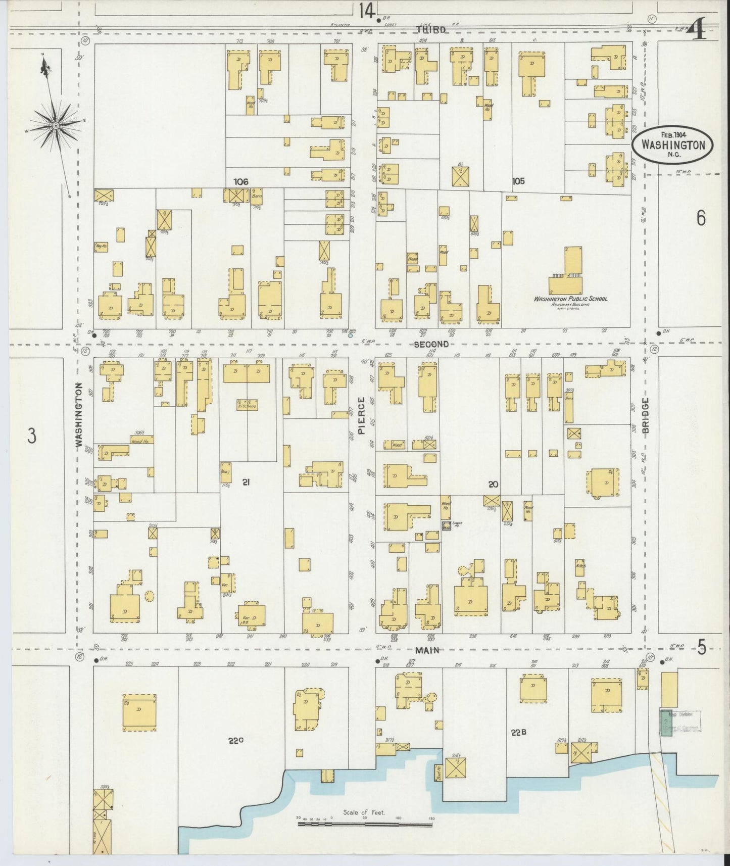 Sanborn Fire Insurance Map from Washington, Beaufort County, North Carolina (1904), Sheet #0004 - Historic Sanborn Fire Insurance Map Print, vintage old map wall art, antique decor, genealogy gift, Washington Washington map