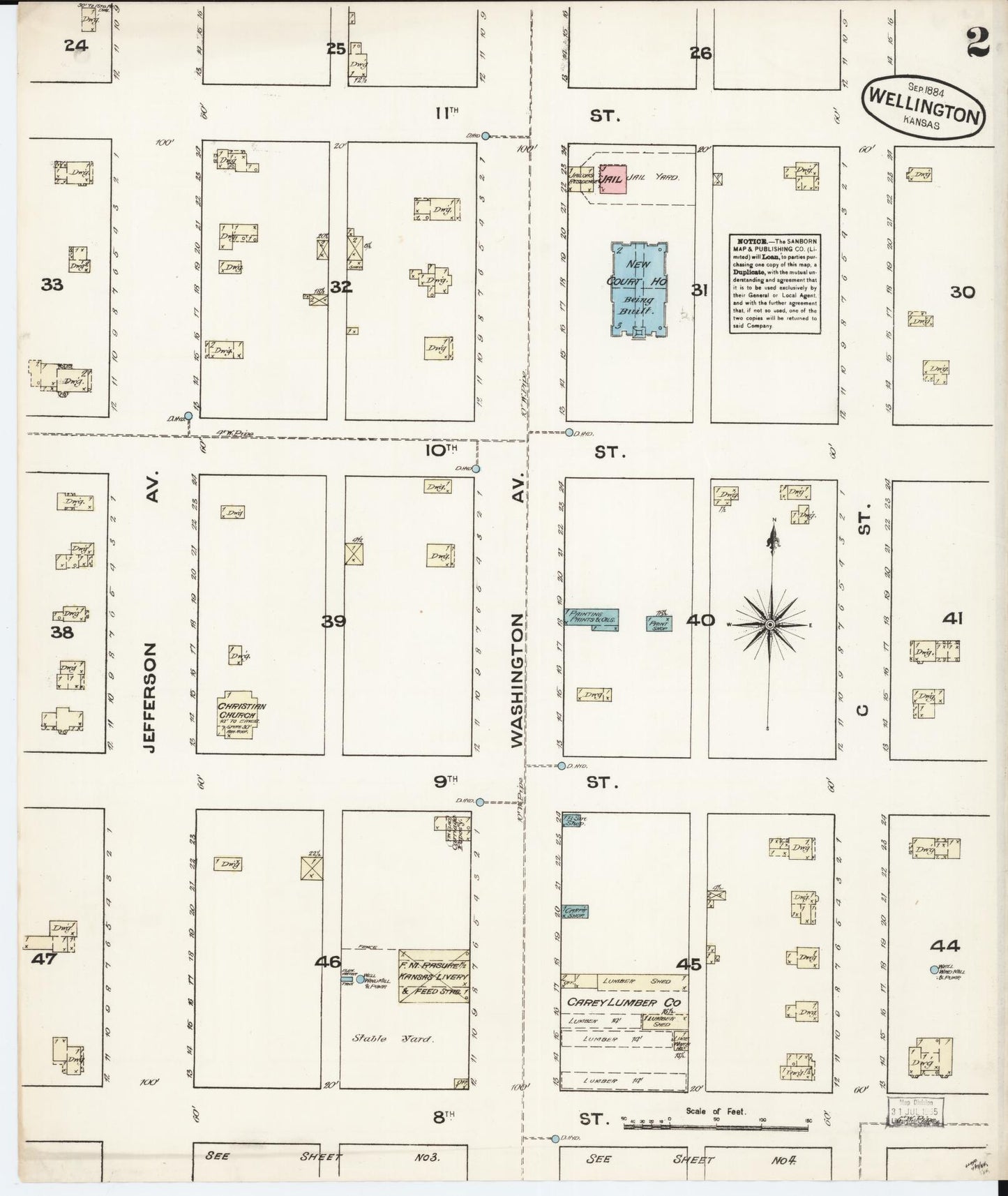 Sanborn Fire Insurance Map from Wellington, Sumner County, Kansas (1884), Sheet #0002 - Historic Sanborn Fire Insurance Map Print, vintage old map wall art, antique decor, genealogy gift, Kansas Kansas map