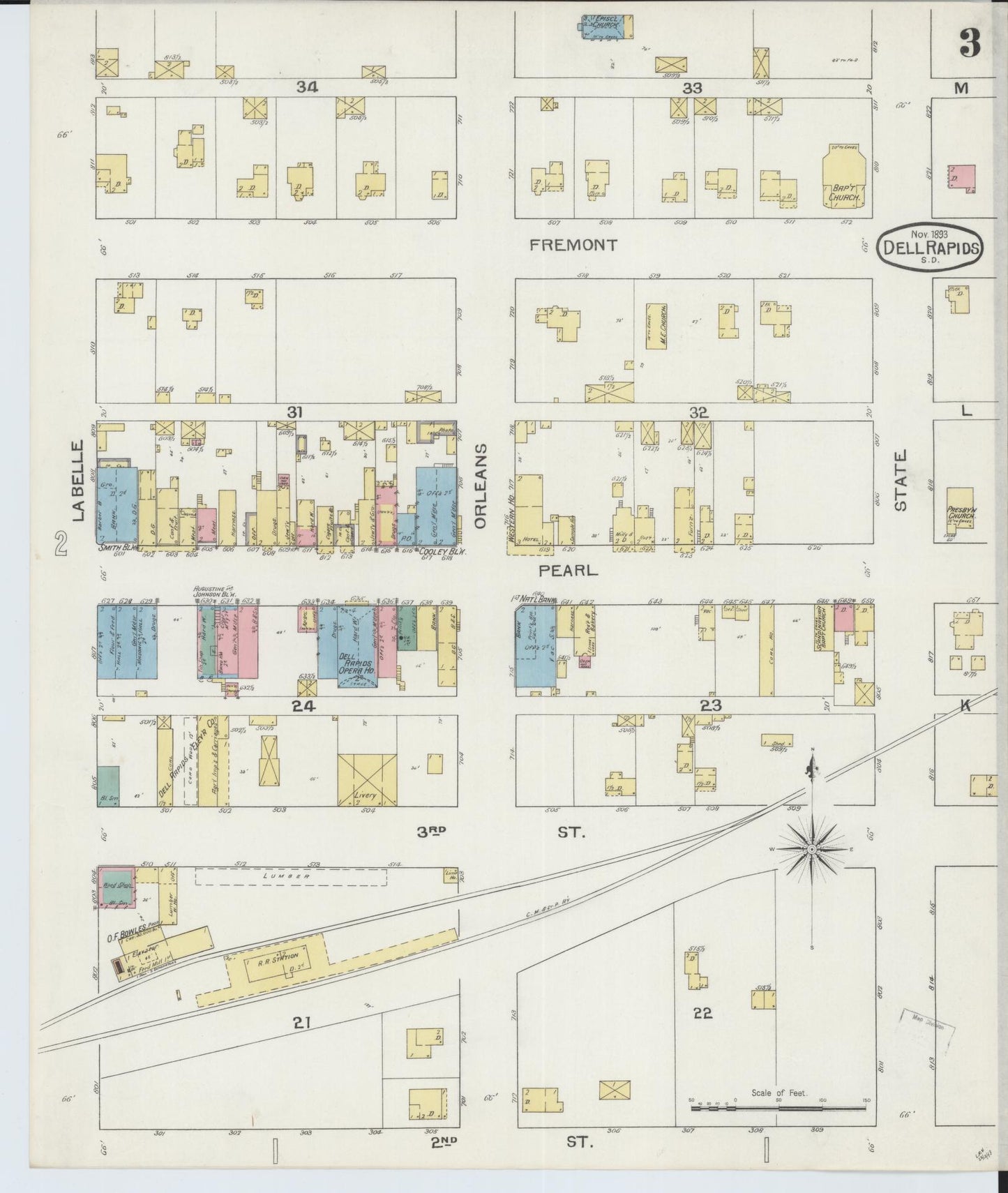 Sanborn Fire Insurance Map from Dell Rapids, Minnehaha County, South Dakota (1893), Sheet #0003 - Complete Map Set gallery image, historic Sanborn map, vintage wall art, South Dakota South Dakota