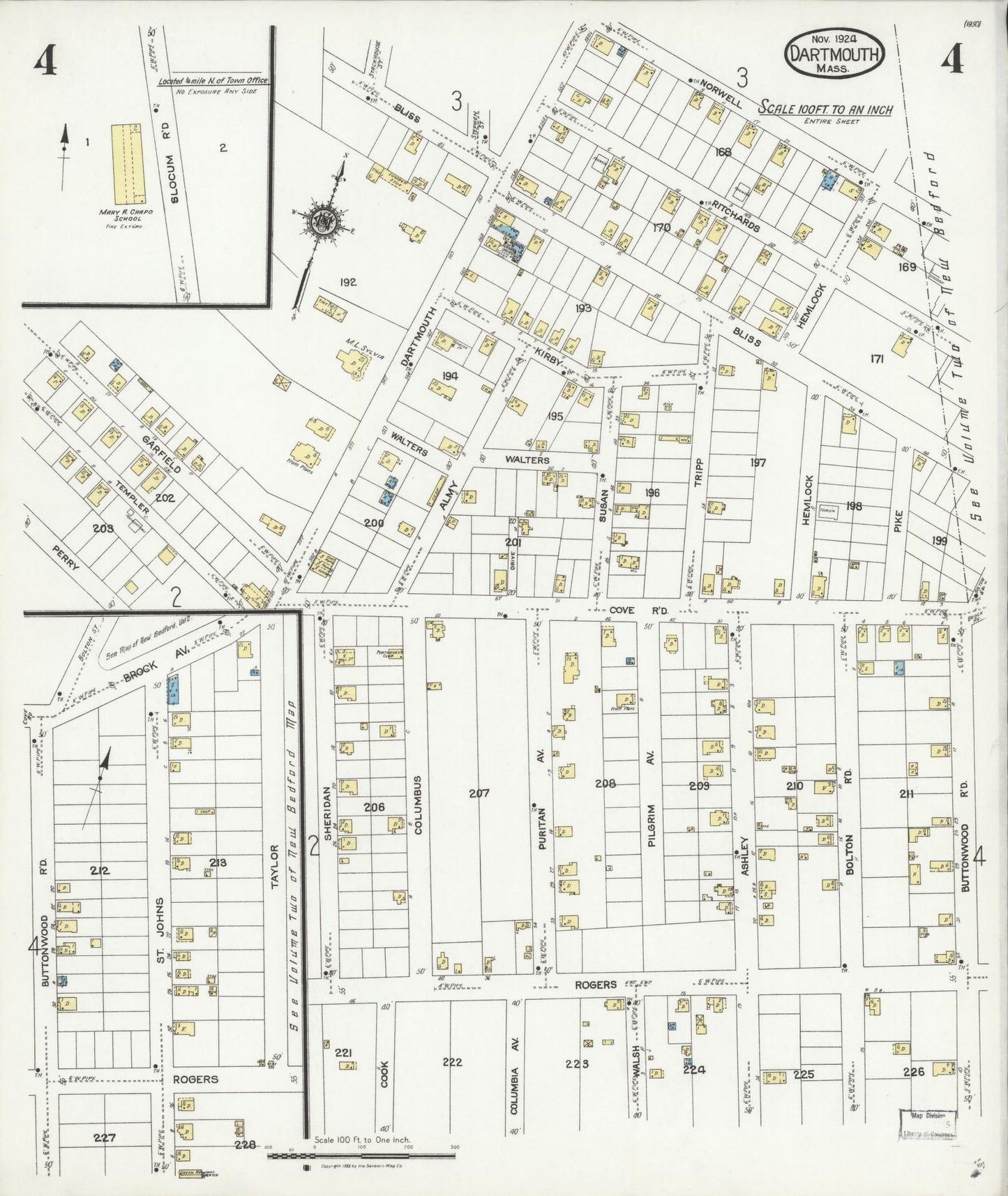 Sanborn Fire Insurance Map from Dartmouth, Bristol County, Massachusetts (1924), Sheet #0004 - Historic Sanborn Fire Insurance Map Print, vintage old map wall art, antique decor, genealogy gift, Massachusetts Massachusetts map