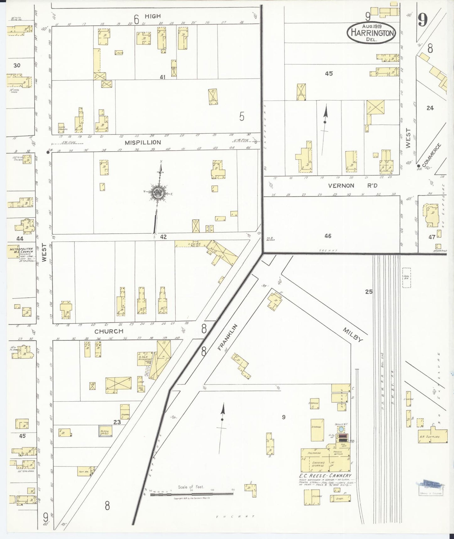 Sanborn Fire Insurance Map from Harrington, Kent County, Delaware (1919), Sheet #0009 - Historic Sanborn Fire Insurance Map Print, vintage old map wall art, antique decor, genealogy gift, Delaware Delaware map