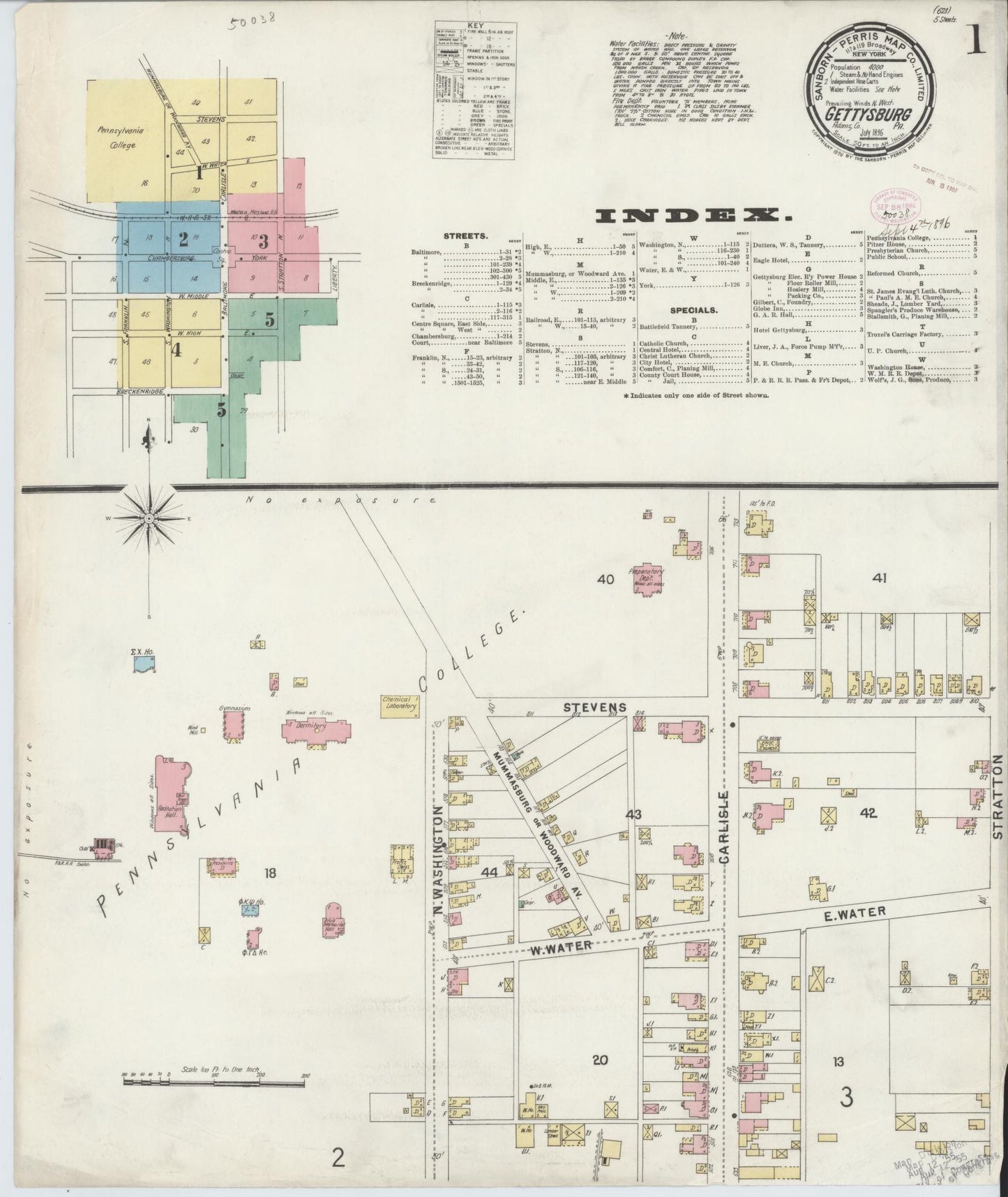 Sanborn Fire Insurance Map from Gettysburg, Adams County, Pennsylvania (1896), Sheet #0001 - Historic Sanborn Fire Insurance Map Print, vintage old map wall art, antique decor, genealogy gift, Pennsylvania Pennsylvania map
