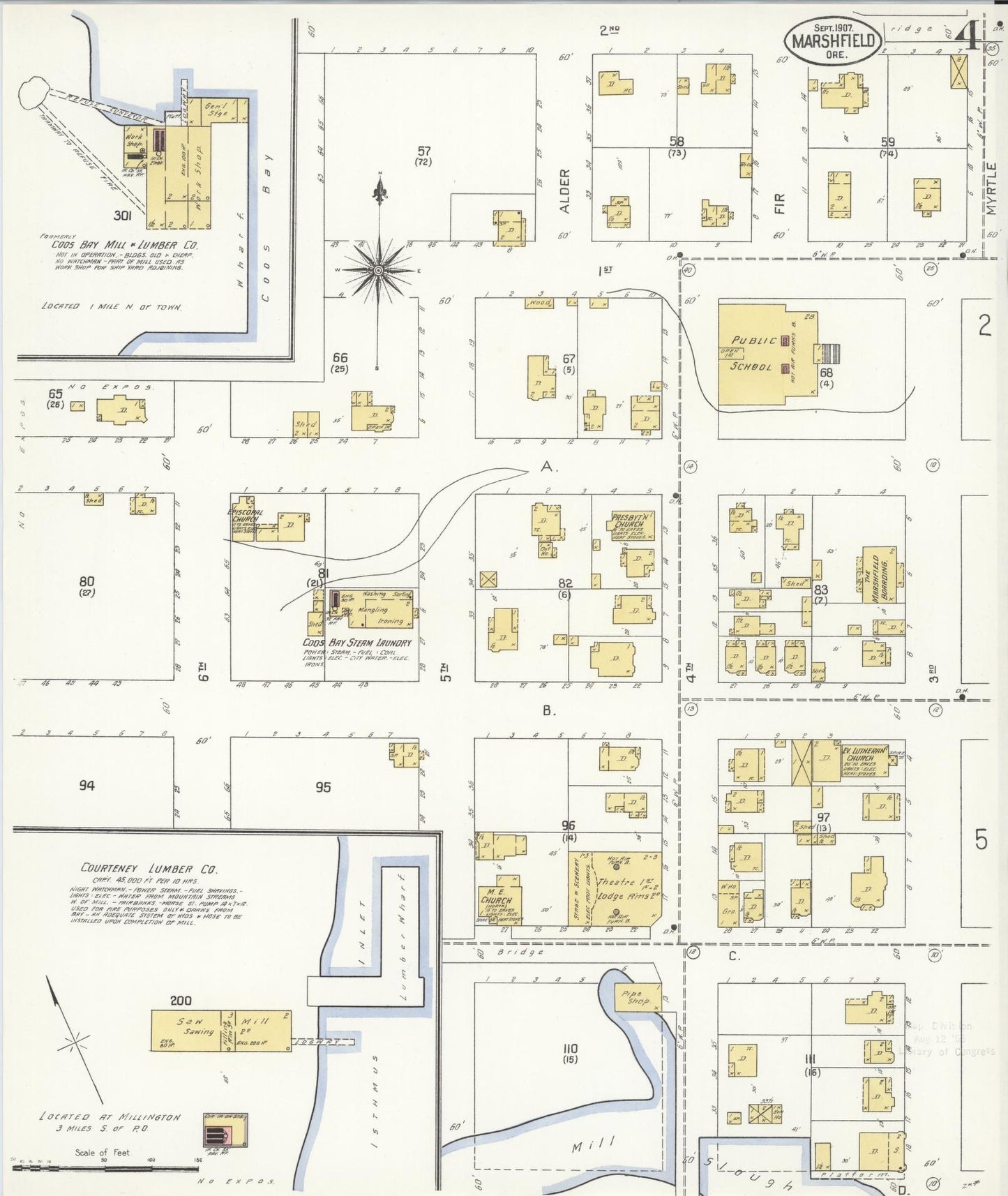 Sanborn Fire Insurance Map from Marshfield, Coos County, Oregon (1907), Sheet #0004 - Historic Sanborn Fire Insurance Map Print, vintage old map wall art, antique decor, genealogy gift, Oregon Oregon map