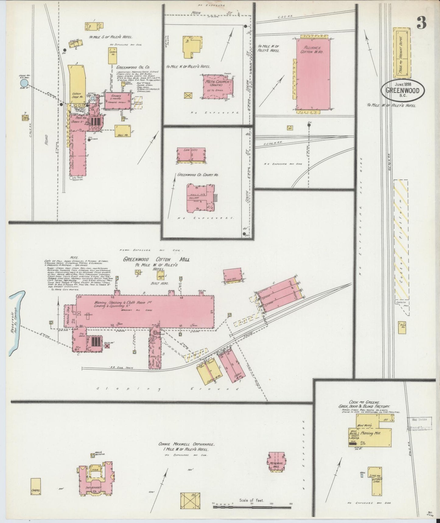 Sanborn Fire Insurance Map from Greenwood, Greenwood County, South Carolina (1898), Sheet #0003 - Historic Sanborn Fire Insurance Map Print, vintage old map wall art, antique decor, genealogy gift, South Carolina South Carolina map