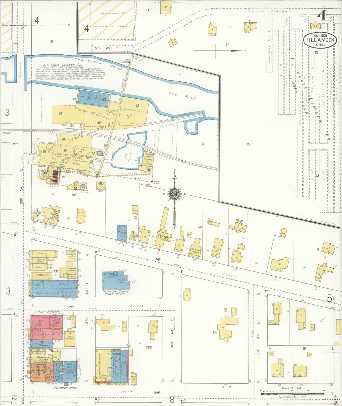 Sanborn Fire Insurance Map from Tillamook, Tillamook County, Oregon (1921), Sheet #0004 - Historic Sanborn Fire Insurance Map Print, vintage old map wall art, antique decor, genealogy gift, Oregon Oregon map