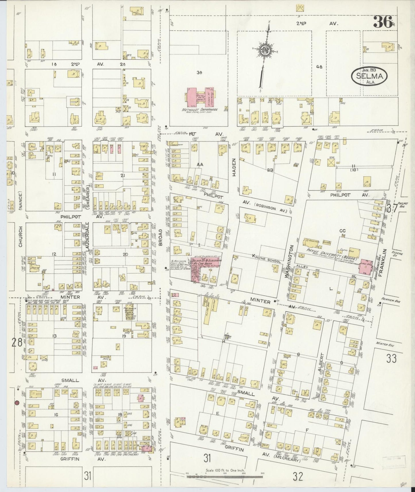 Sanborn Fire Insurance Map from Selma, Dallas County, Alabama (1913), Sheet #0036 - Historic Sanborn Fire Insurance Map Print, vintage old map wall art, antique decor, genealogy gift, Alabama Alabama map