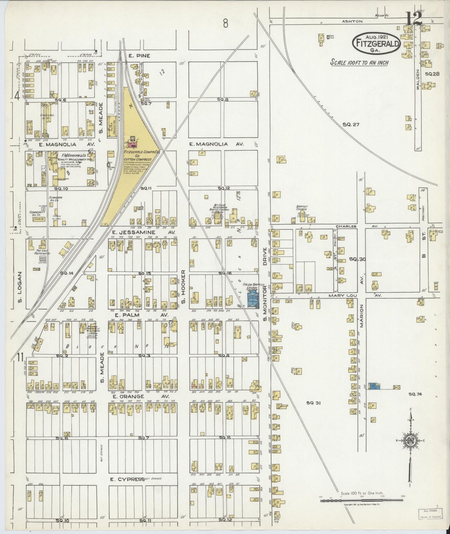 Sanborn Fire Insurance Map from Fitzgerald, Ben Hill County, Georgia (1921), Sheet #0012 - Complete Map Set gallery image, historic Sanborn map, vintage wall art, Georgia Georgia