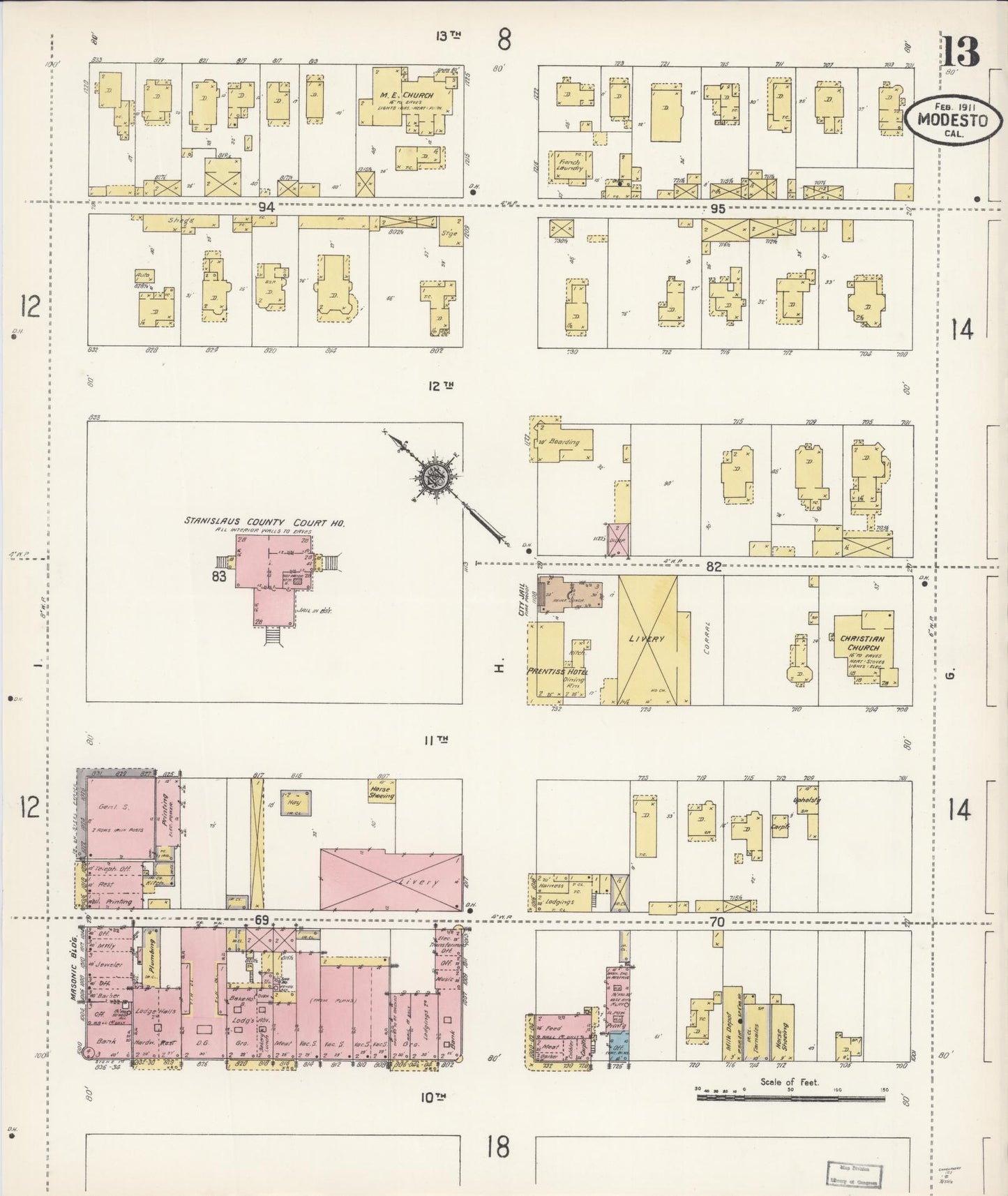 Sanborn Fire Insurance Map from Modesto, Stanislaus County, California (1911), Sheet #0013 - Historic Sanborn Fire Insurance Map Print, vintage old map wall art, antique decor, genealogy gift, California California map